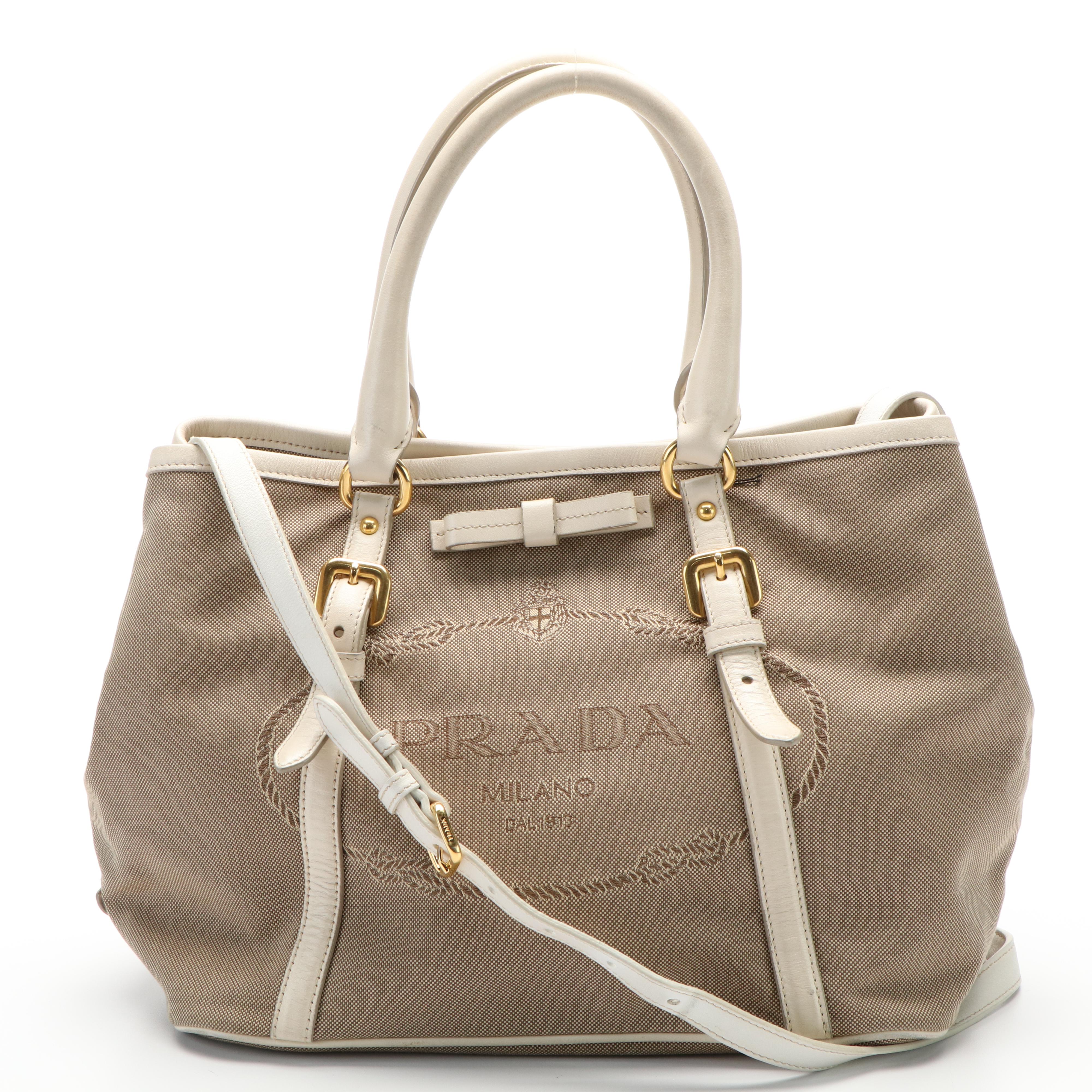 Prada Jacquard Logo Convertible Canvas and White Leather Tote Bag