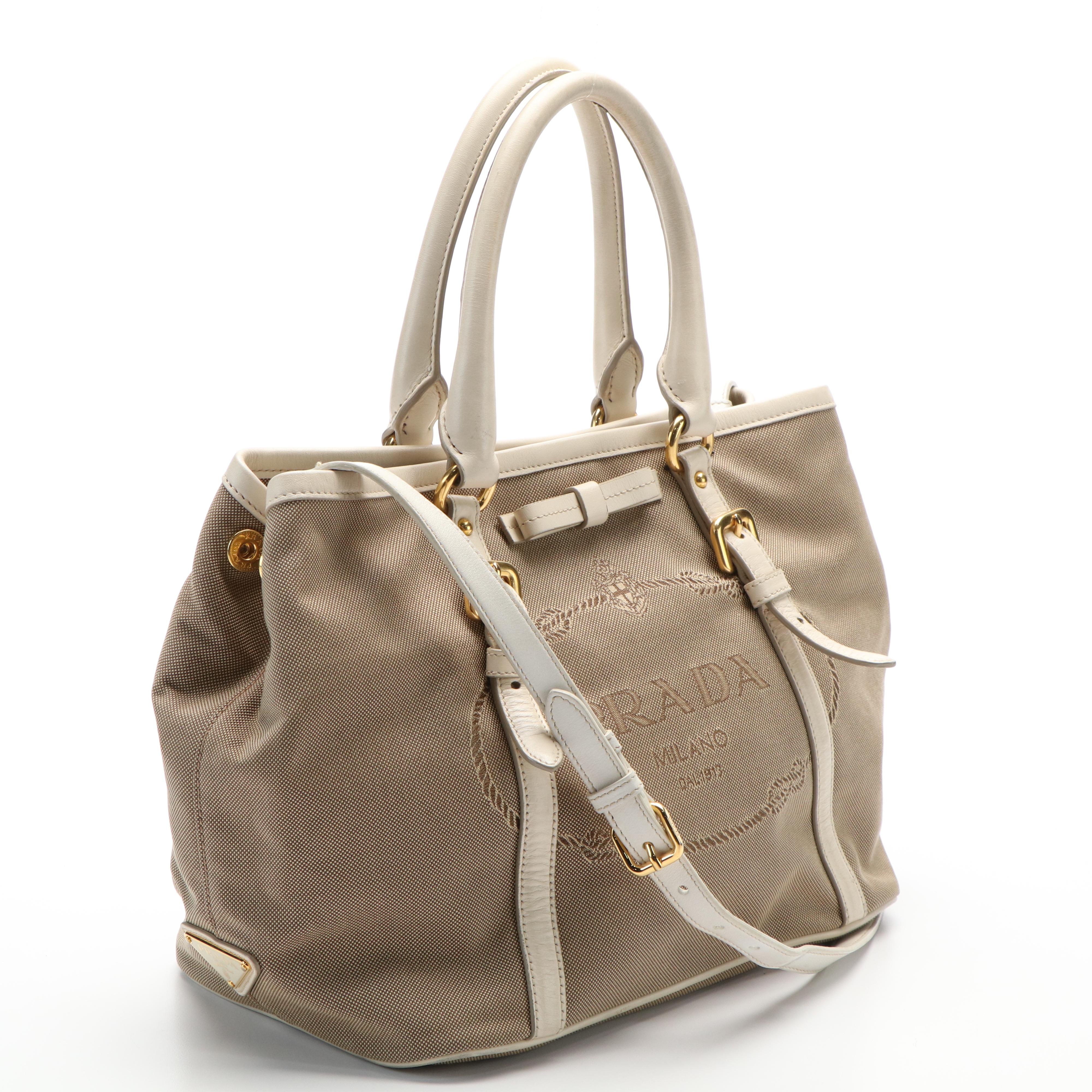 Prada Jacquard Logo Convertible Canvas and White Leather Tote Bag