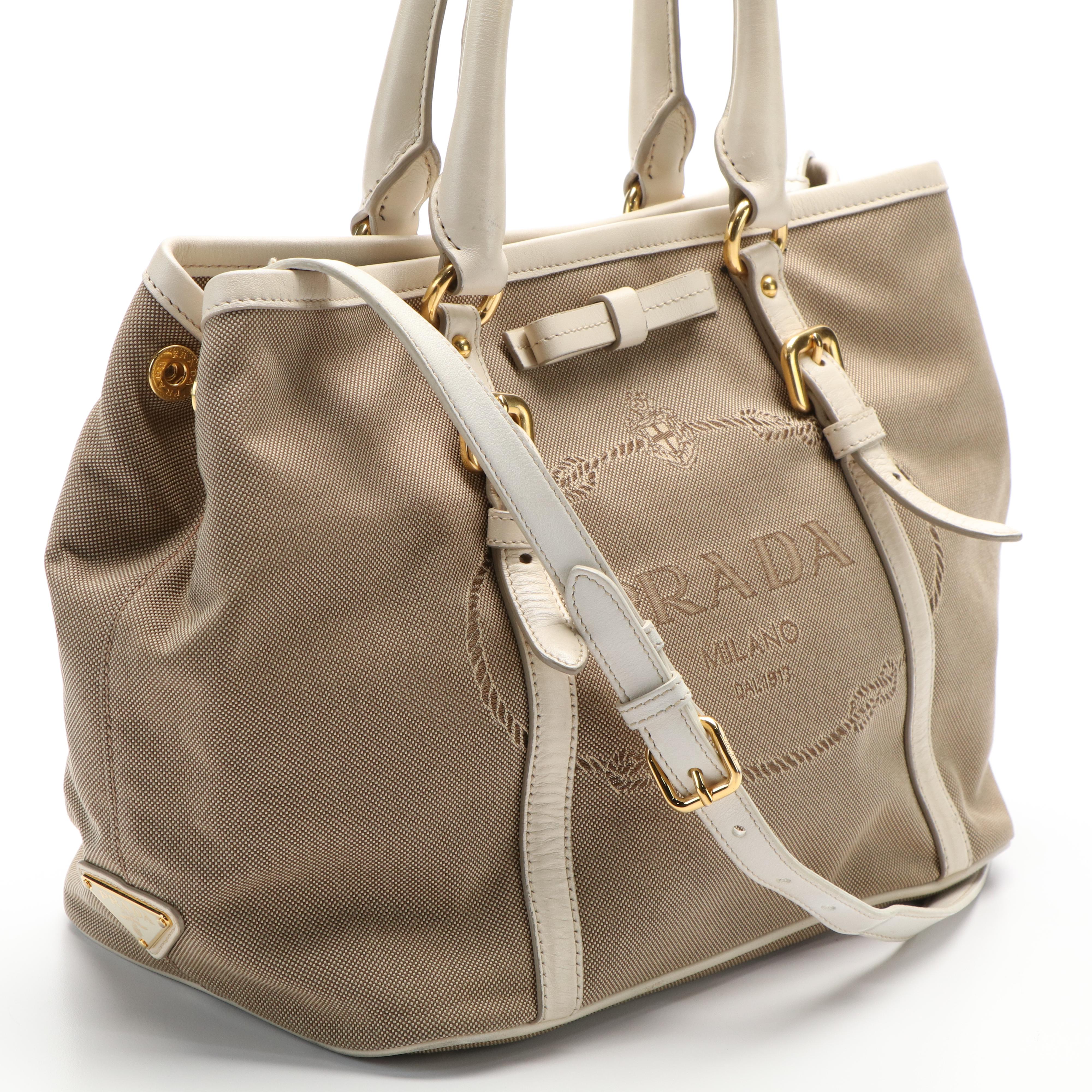 Prada Jacquard Logo Convertible Canvas and White Leather Tote Bag