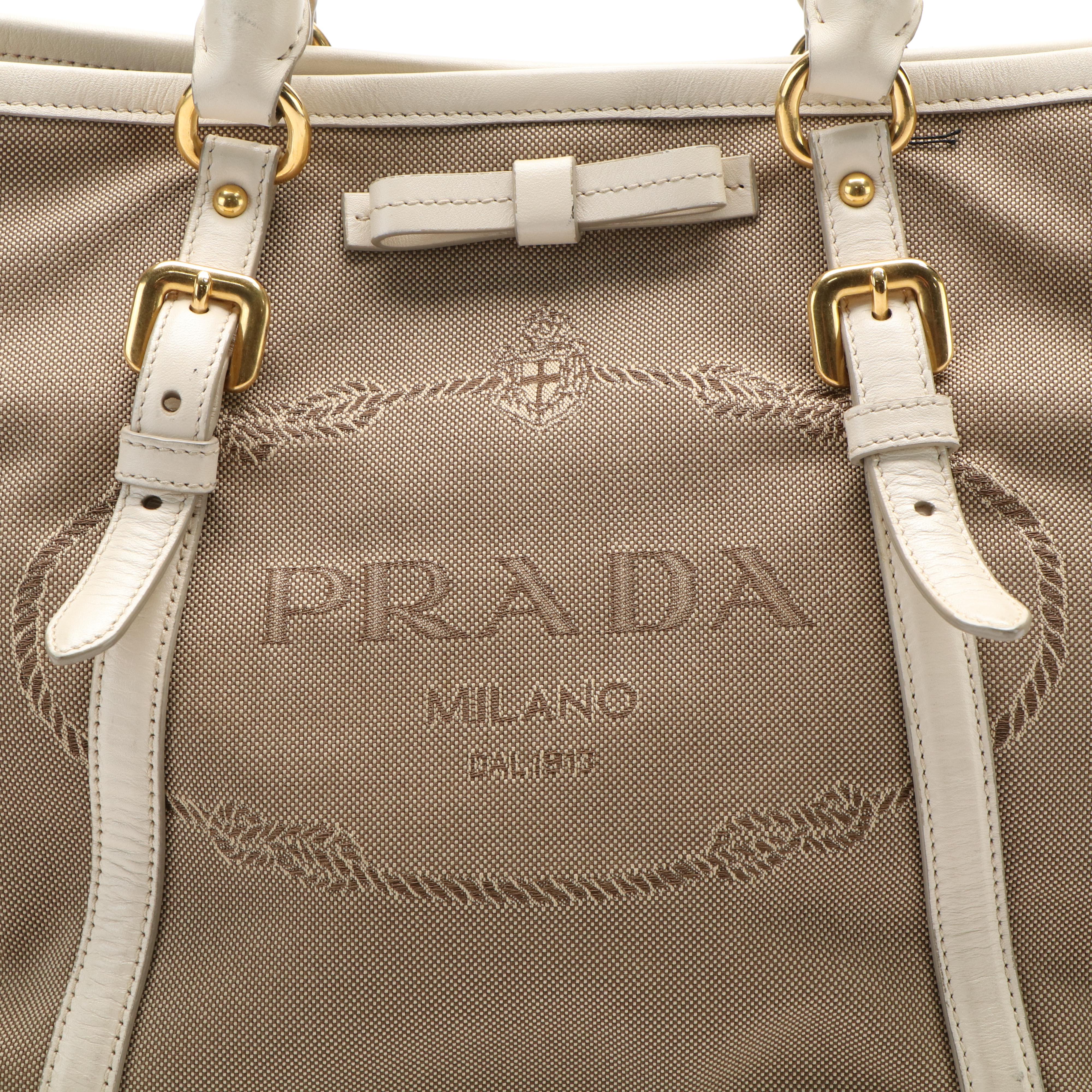 Prada Jacquard Logo Convertible Canvas and White Leather Tote Bag
