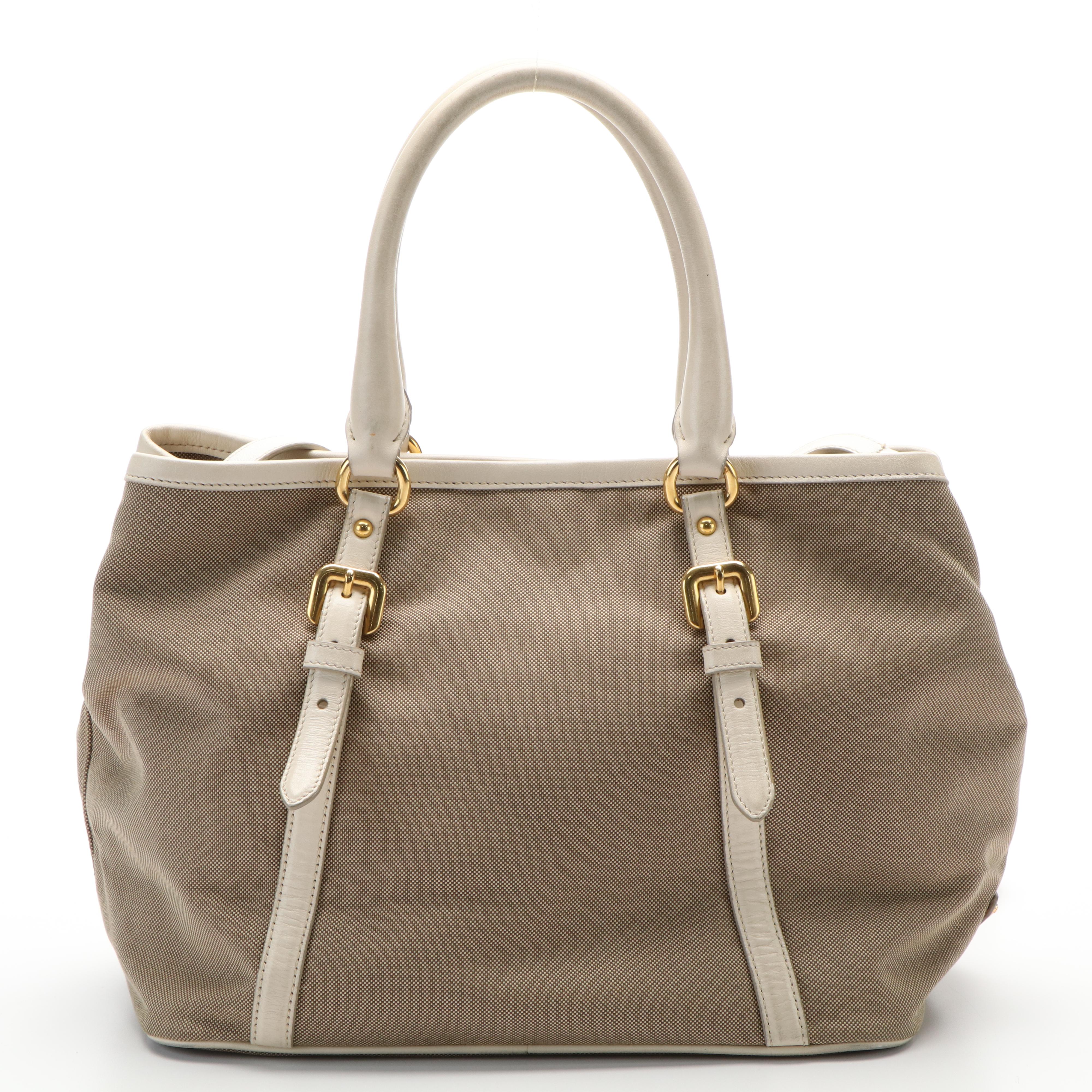 Prada Jacquard Logo Convertible Canvas and White Leather Tote Bag