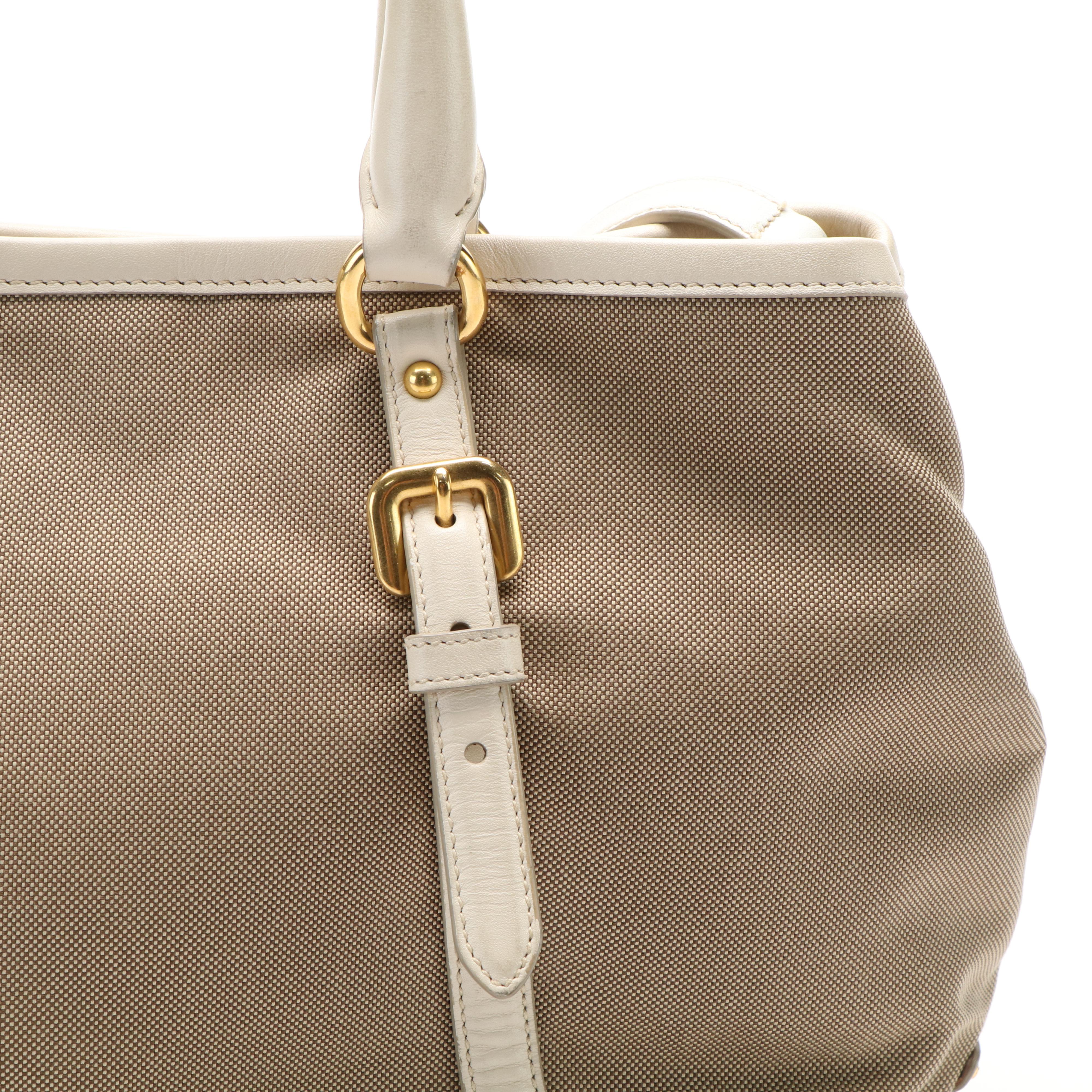 Prada Jacquard Logo Convertible Canvas and White Leather Tote Bag