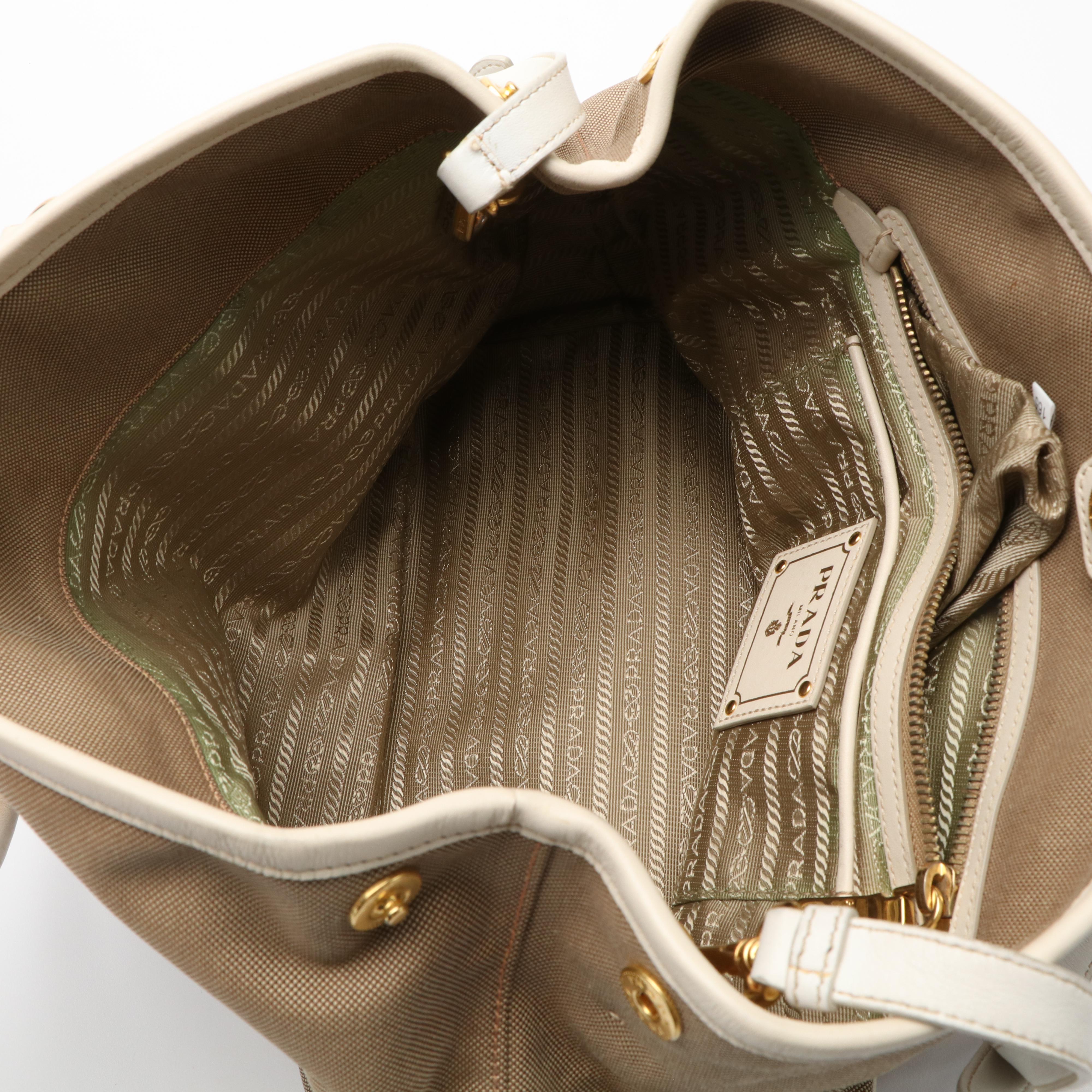 Prada Jacquard Logo Convertible Canvas and White Leather Tote Bag