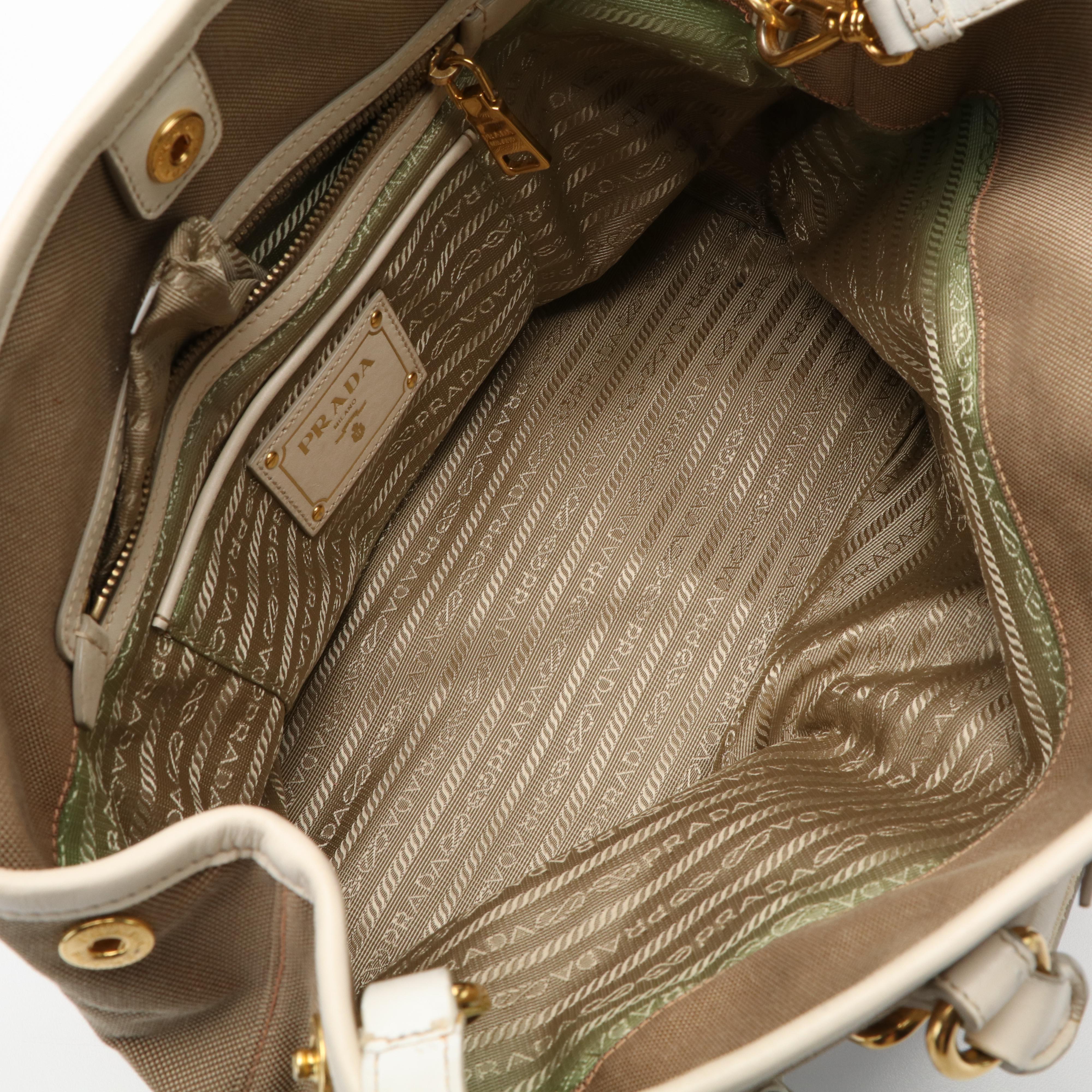 Prada Jacquard Logo Convertible Canvas and White Leather Tote Bag