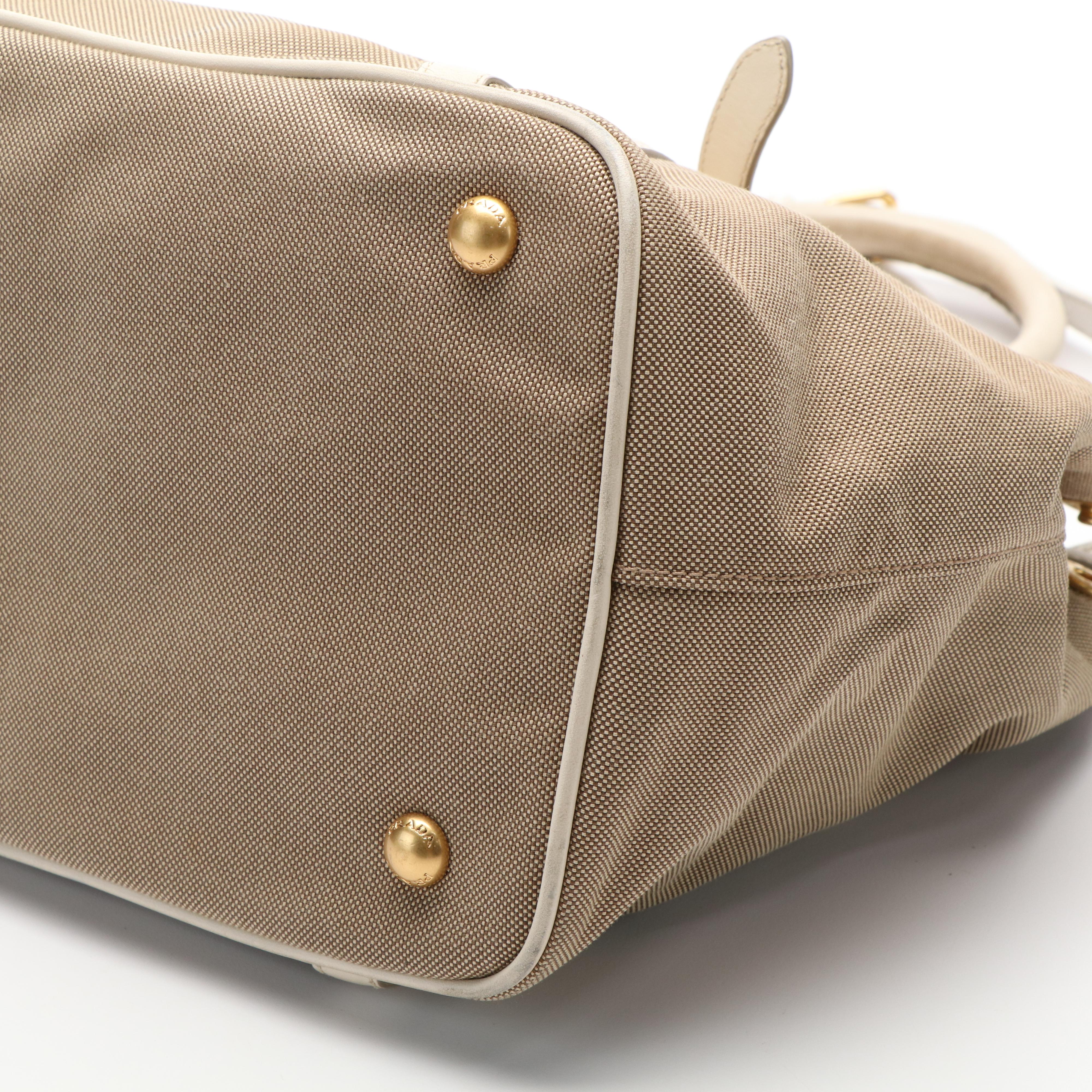 Prada Jacquard Logo Convertible Canvas and White Leather Tote Bag