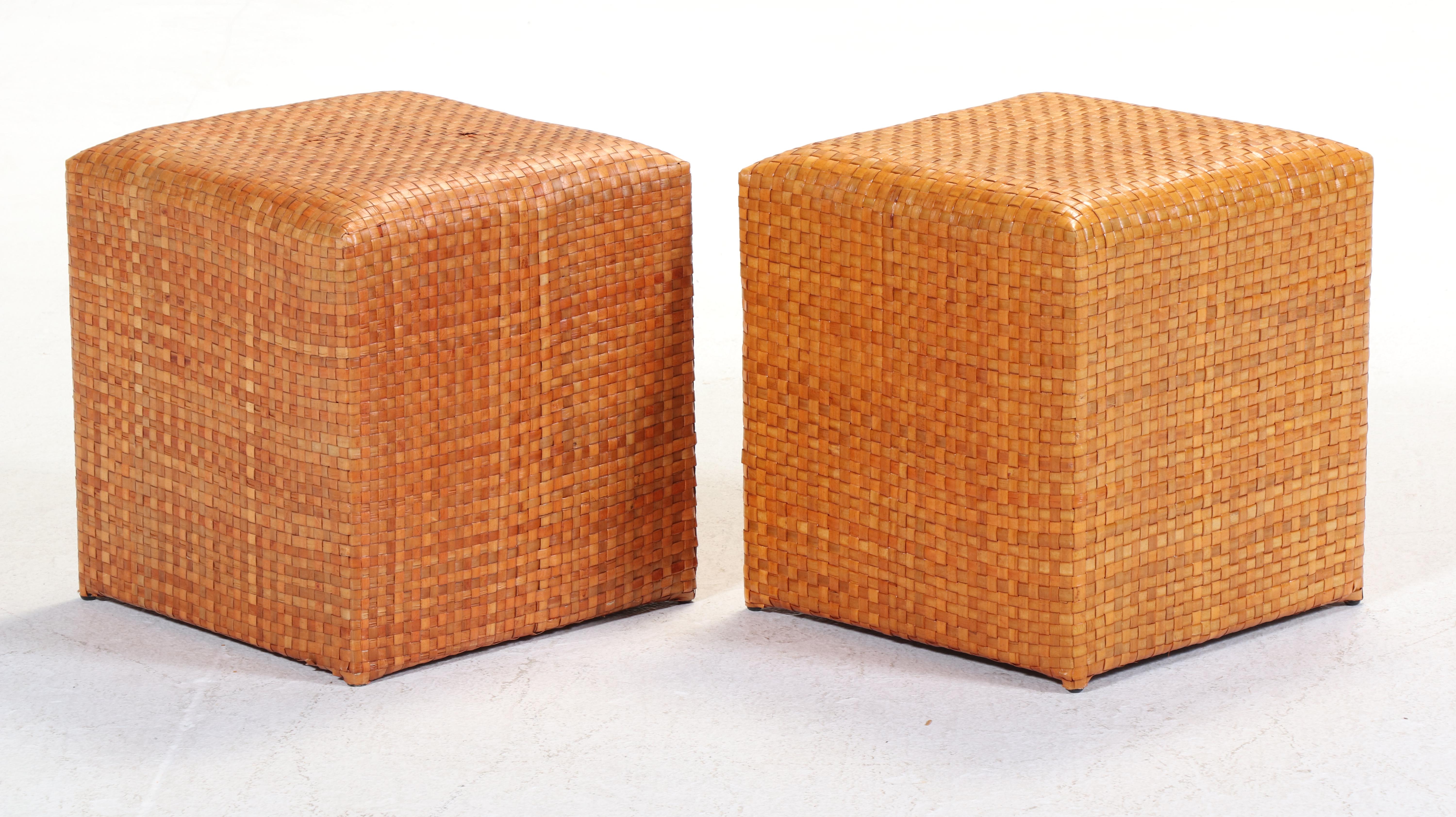 Pair of Contemporary Woven Cube-Form Stools