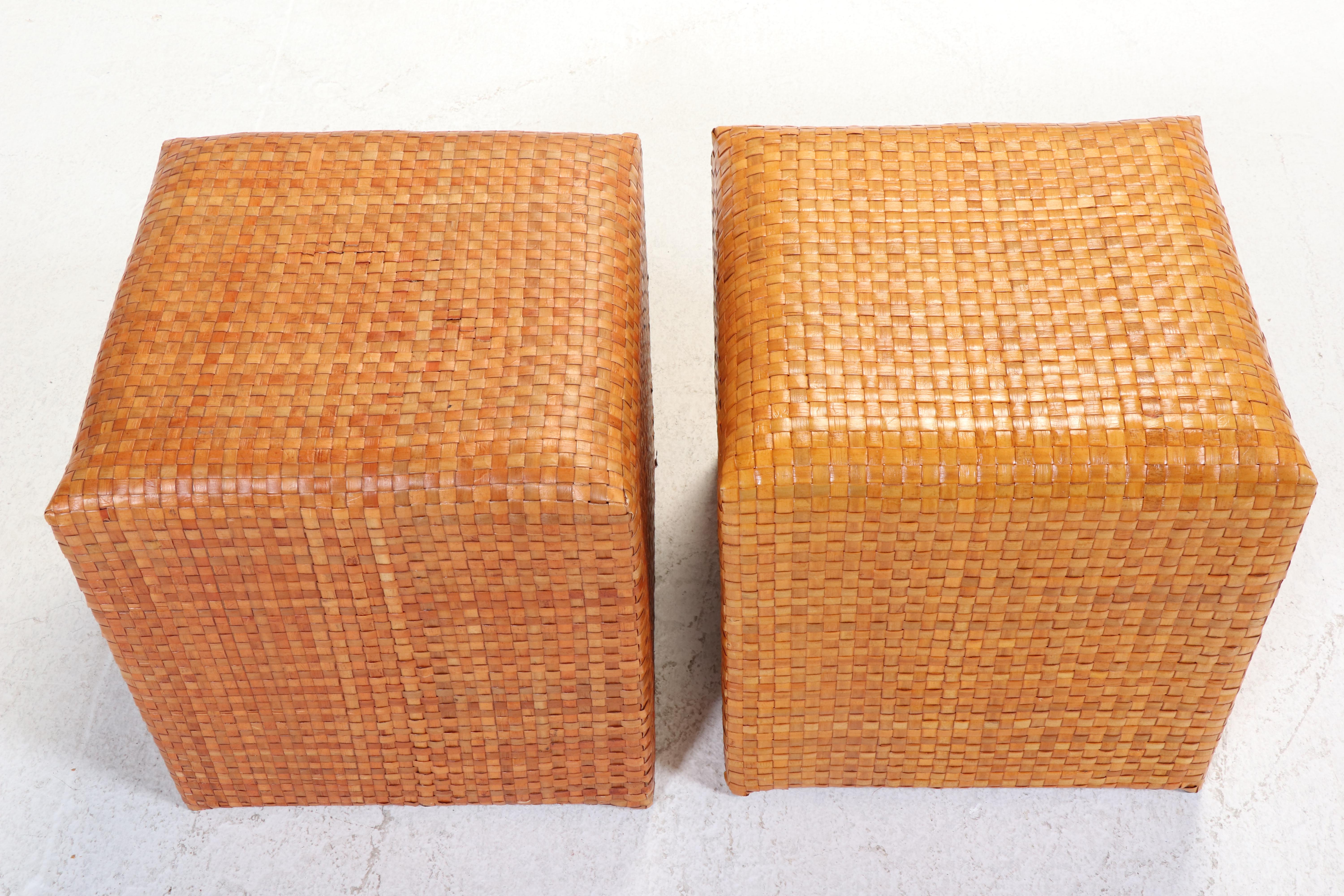 Pair of Contemporary Woven Cube-Form Stools