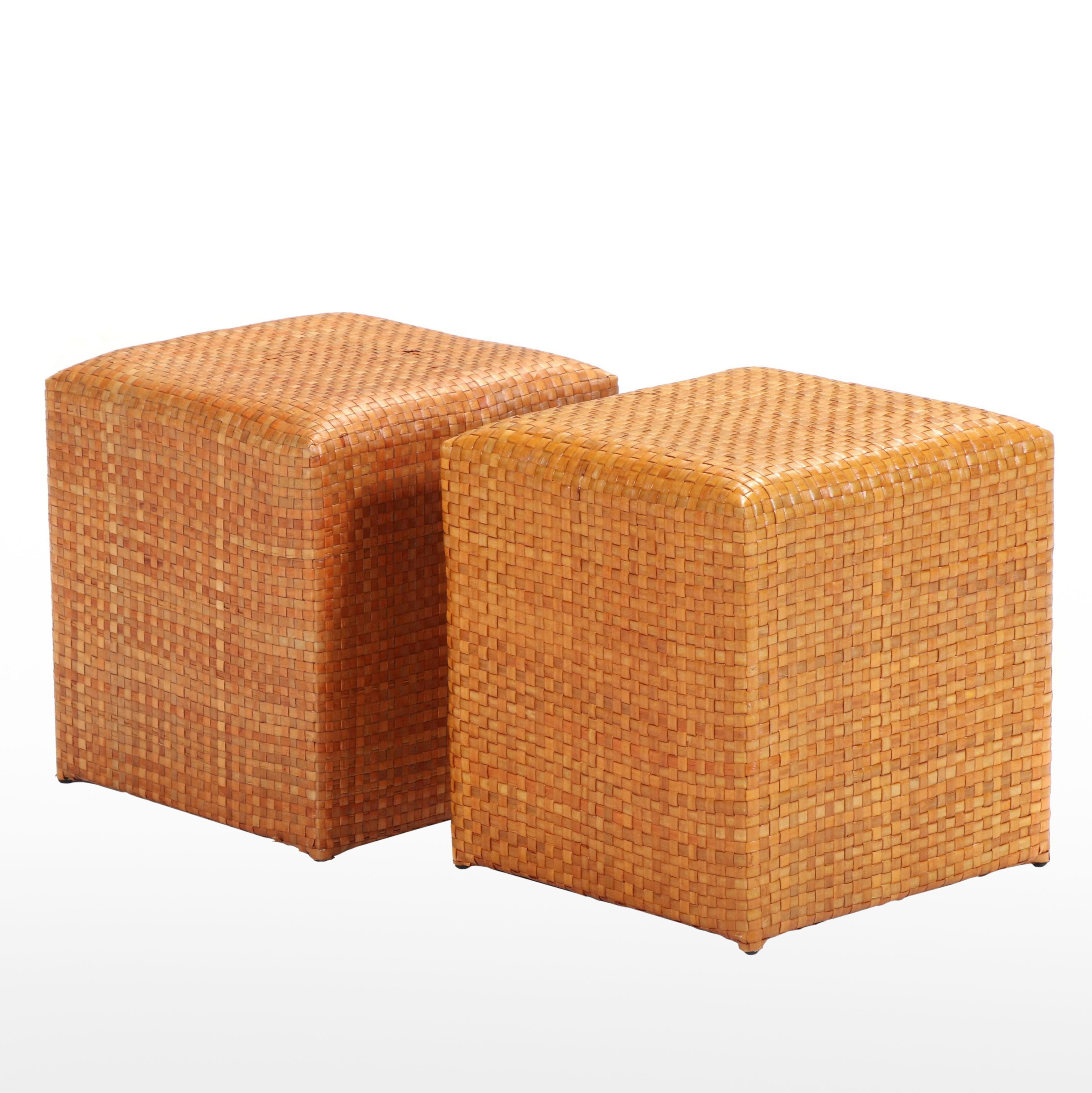 Pair of Contemporary Woven Cube-Form Stools