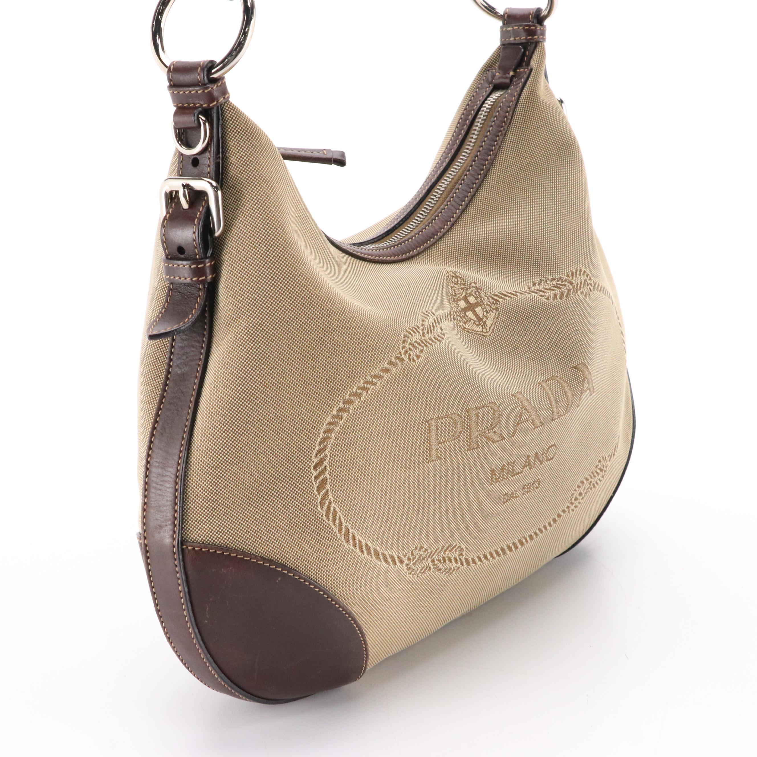 Prada Canapa Logo Shoulder Bag in Beige Jacquard Canvas and Leather