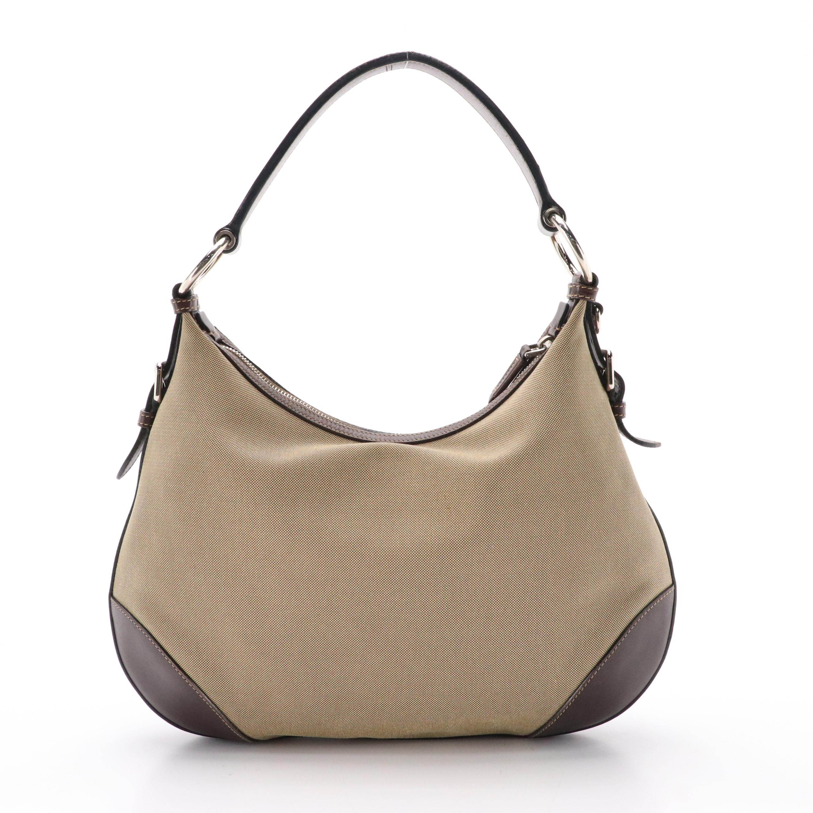 Prada Canapa Logo Shoulder Bag in Beige Jacquard Canvas and Leather