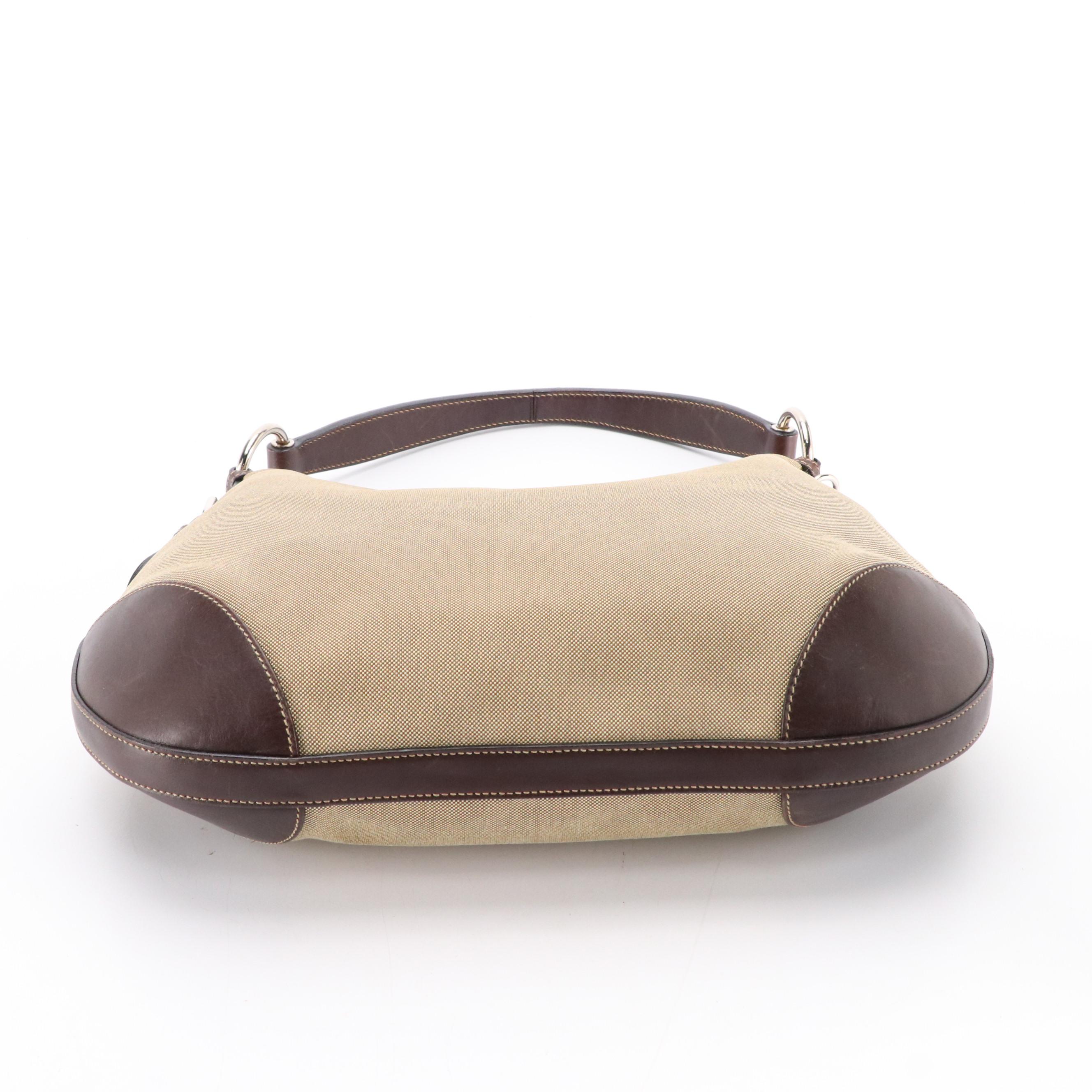 Prada Canapa Logo Shoulder Bag in Beige Jacquard Canvas and Leather