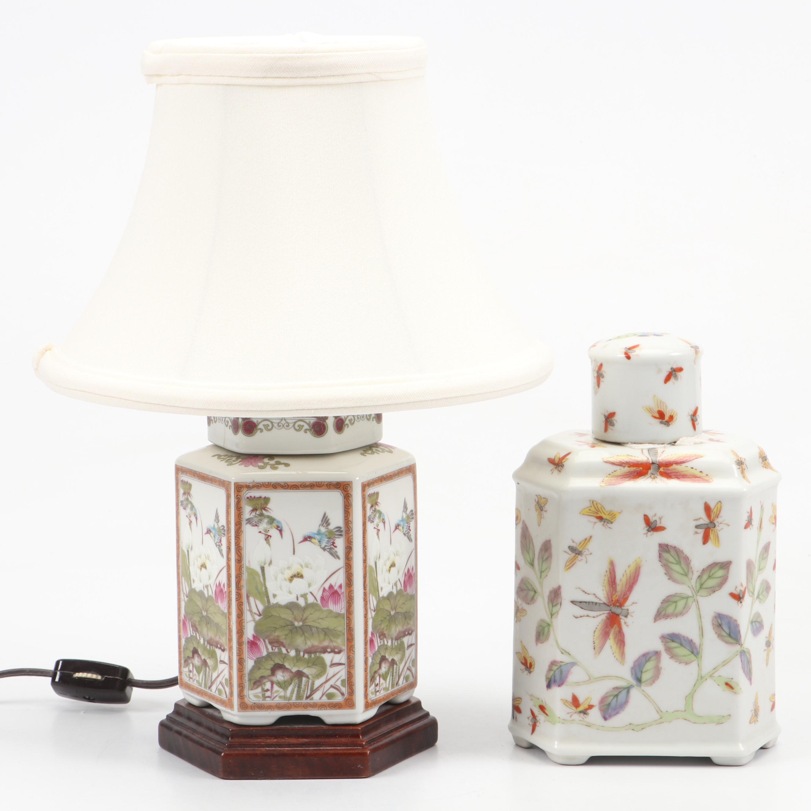 French Style Porcelain Tea Caddy and Chinese Famille Rose Style Porcelain Lamp