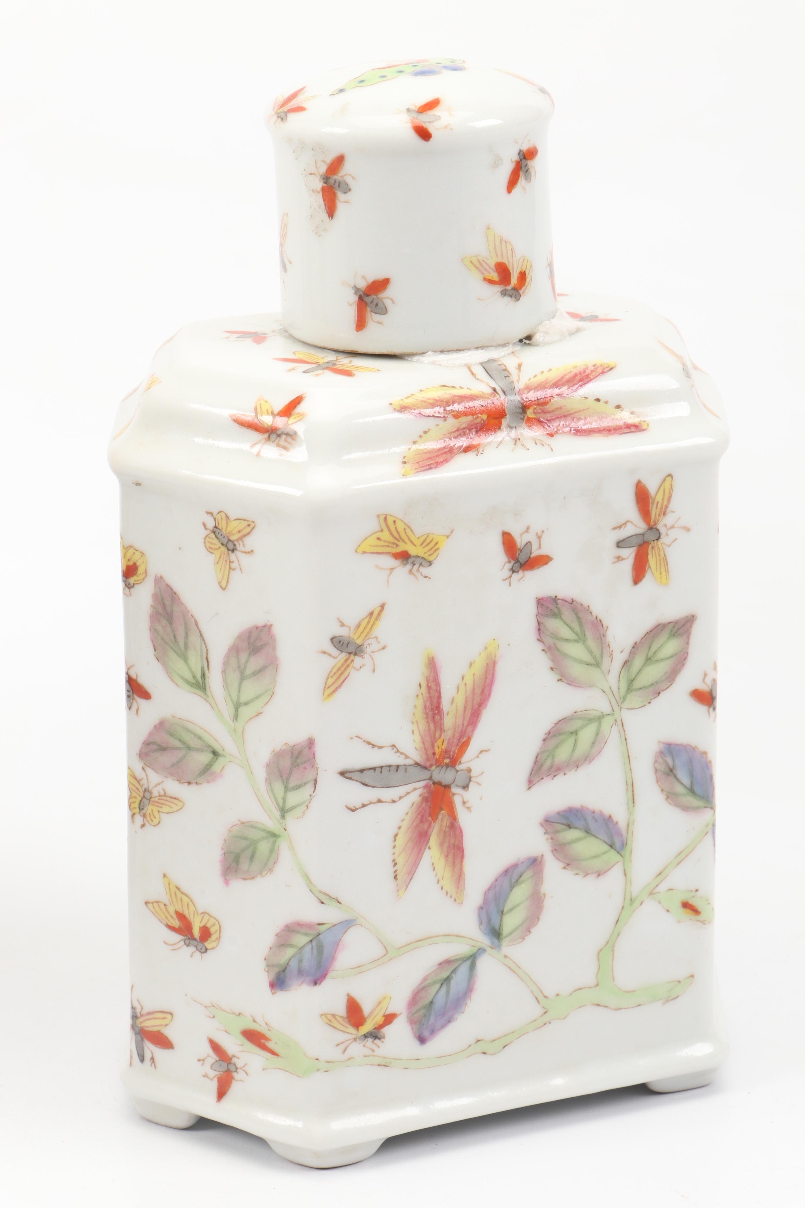 French Style Porcelain Tea Caddy and Chinese Famille Rose Style Porcelain Lamp