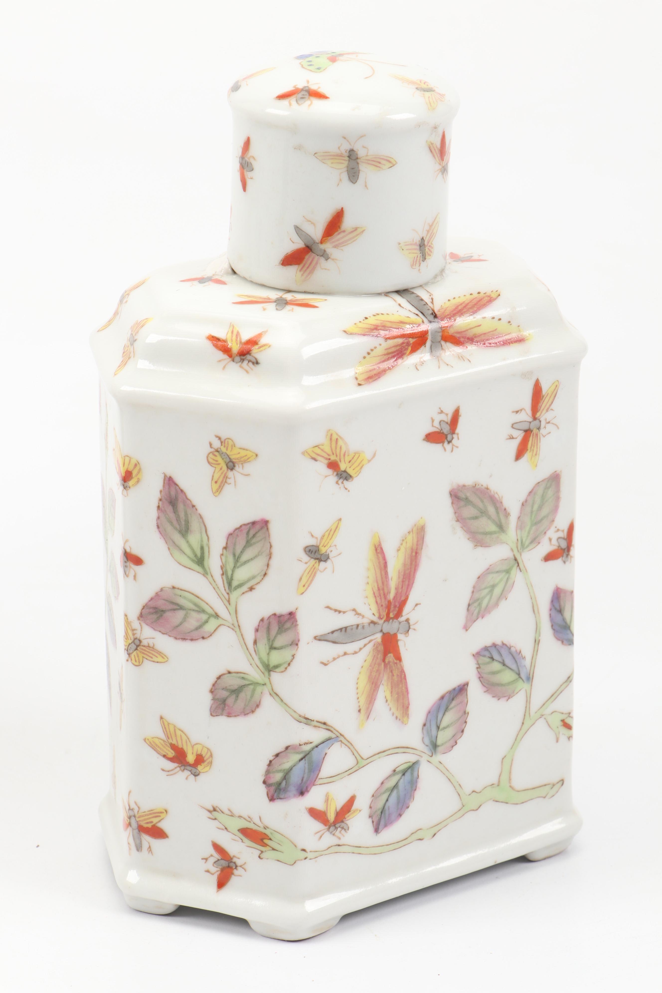 French Style Porcelain Tea Caddy and Chinese Famille Rose Style Porcelain Lamp