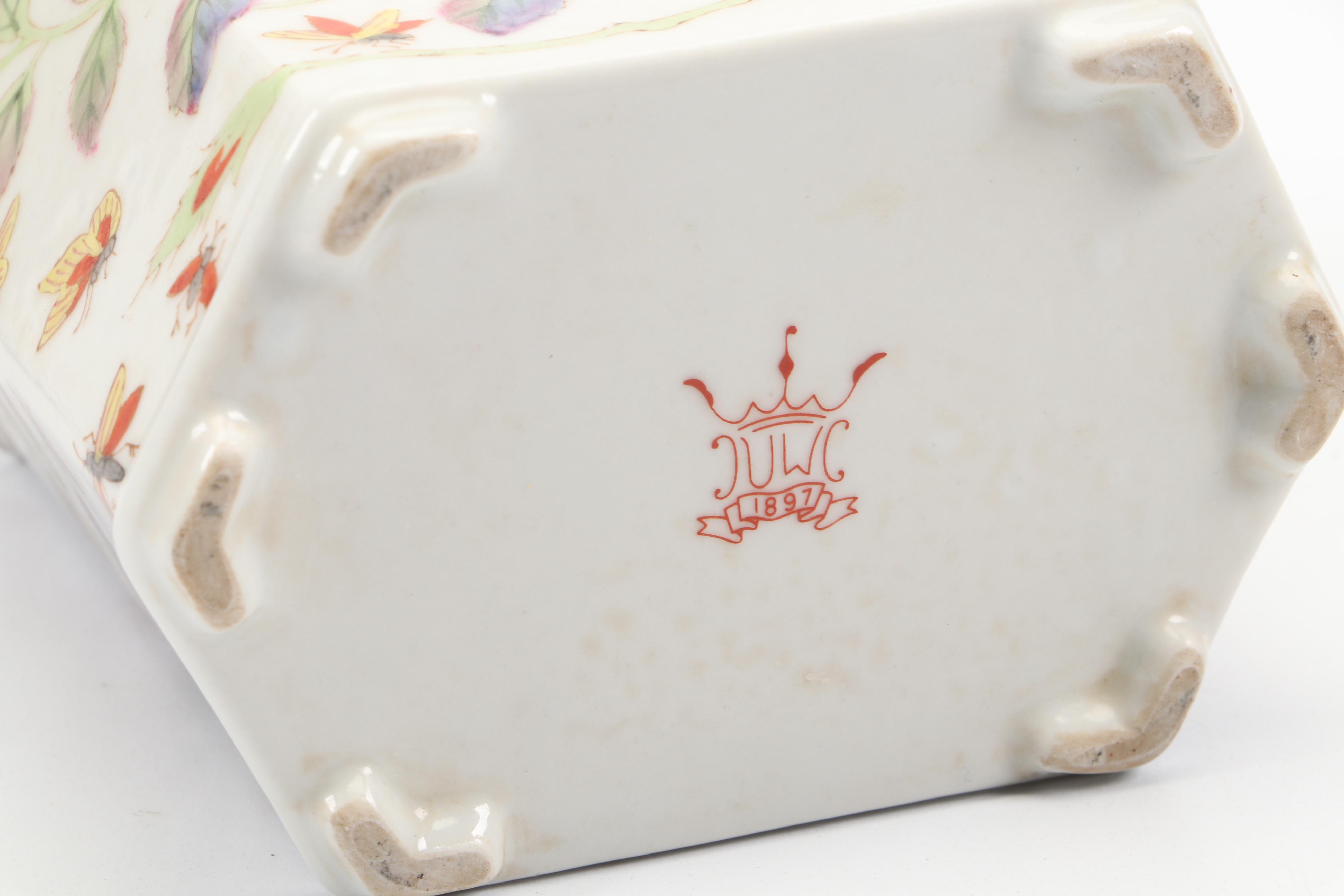 French Style Porcelain Tea Caddy and Chinese Famille Rose Style Porcelain Lamp