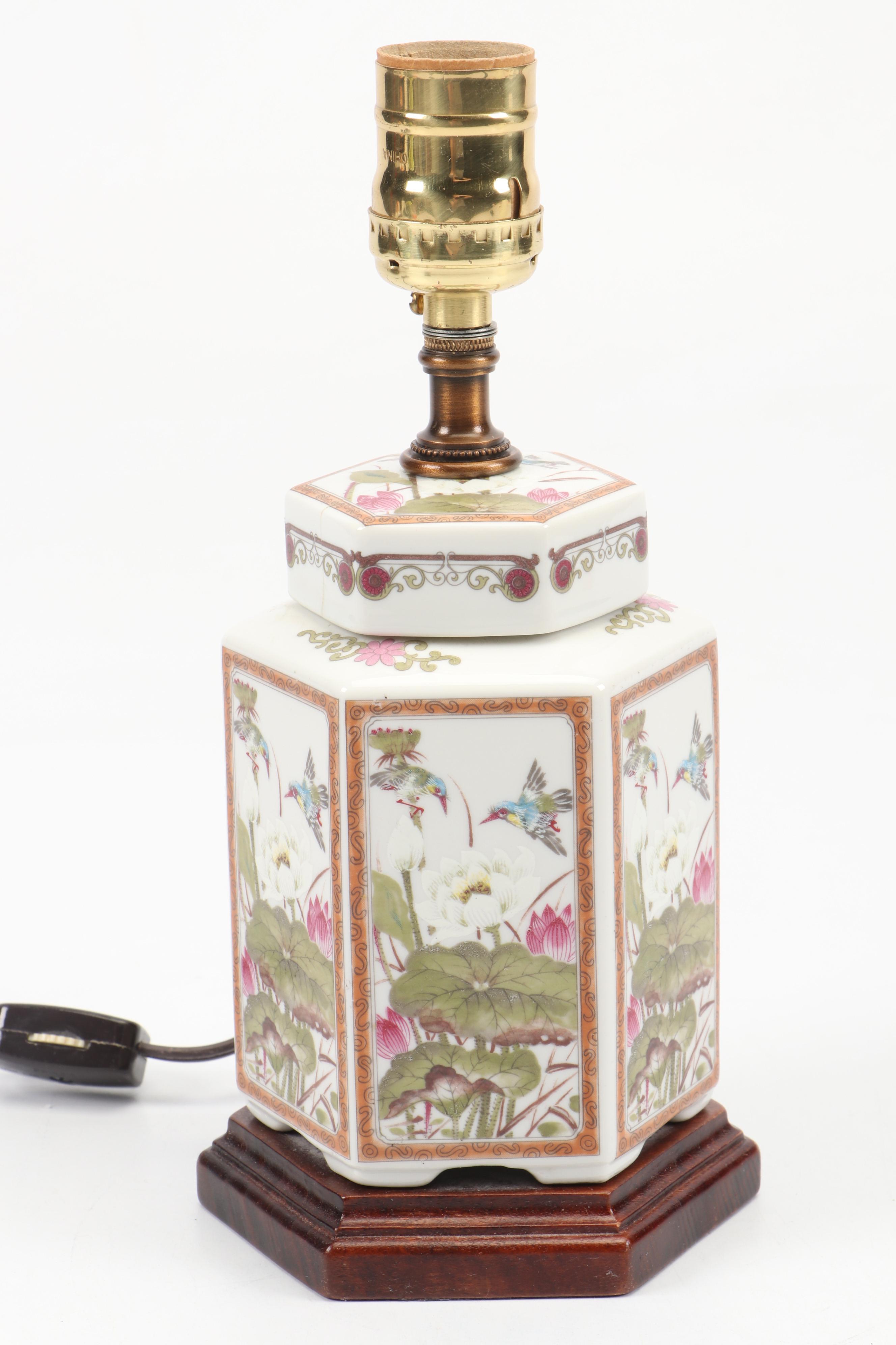 French Style Porcelain Tea Caddy and Chinese Famille Rose Style Porcelain Lamp
