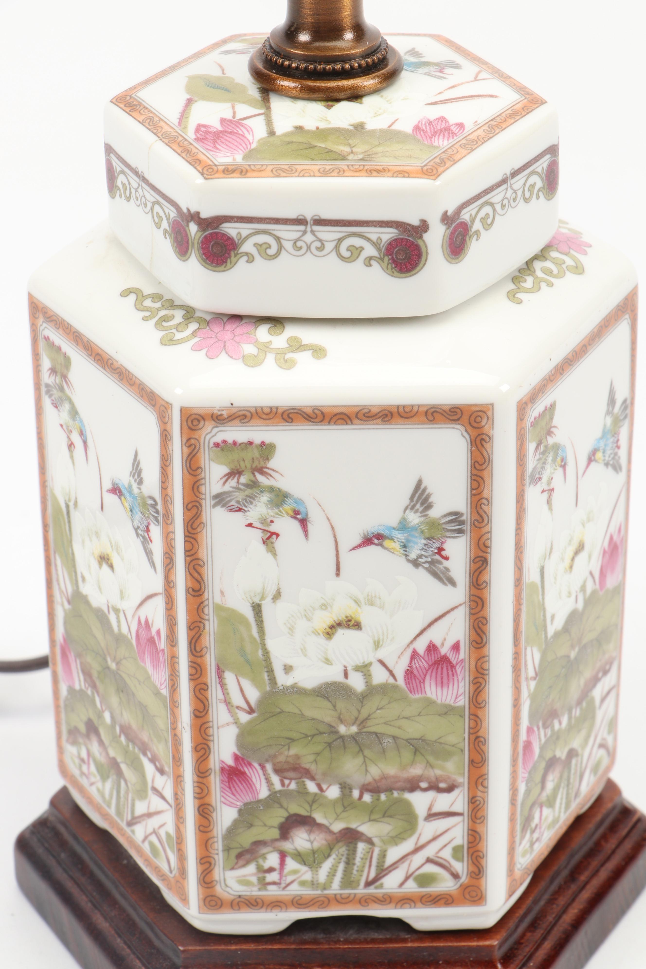 French Style Porcelain Tea Caddy and Chinese Famille Rose Style Porcelain Lamp