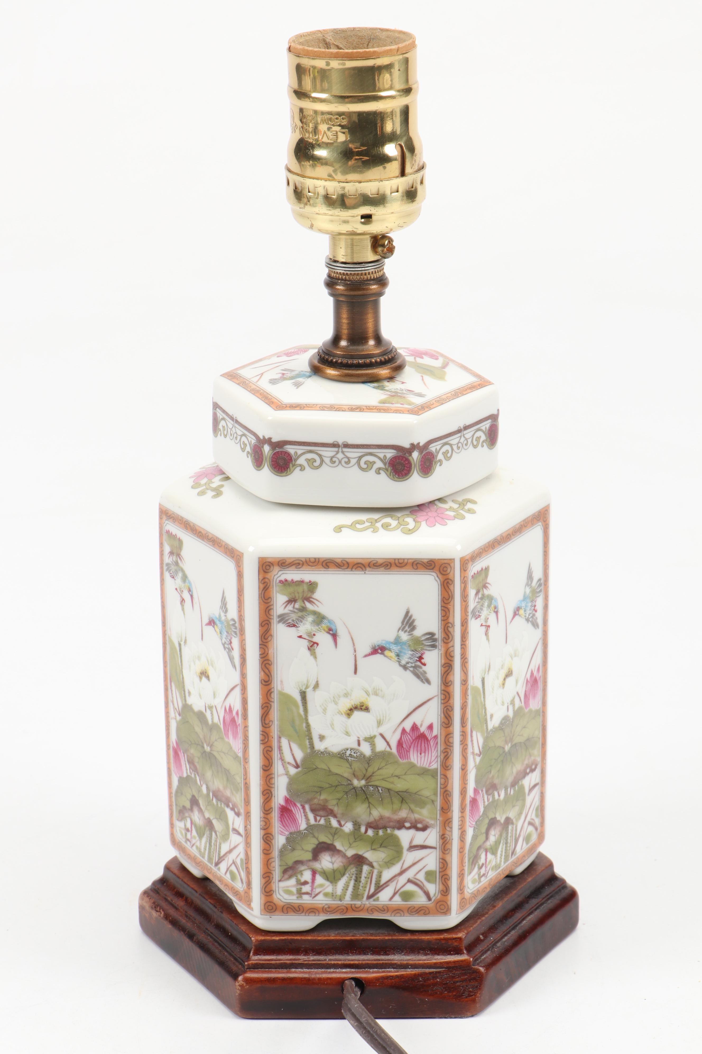 French Style Porcelain Tea Caddy and Chinese Famille Rose Style Porcelain Lamp