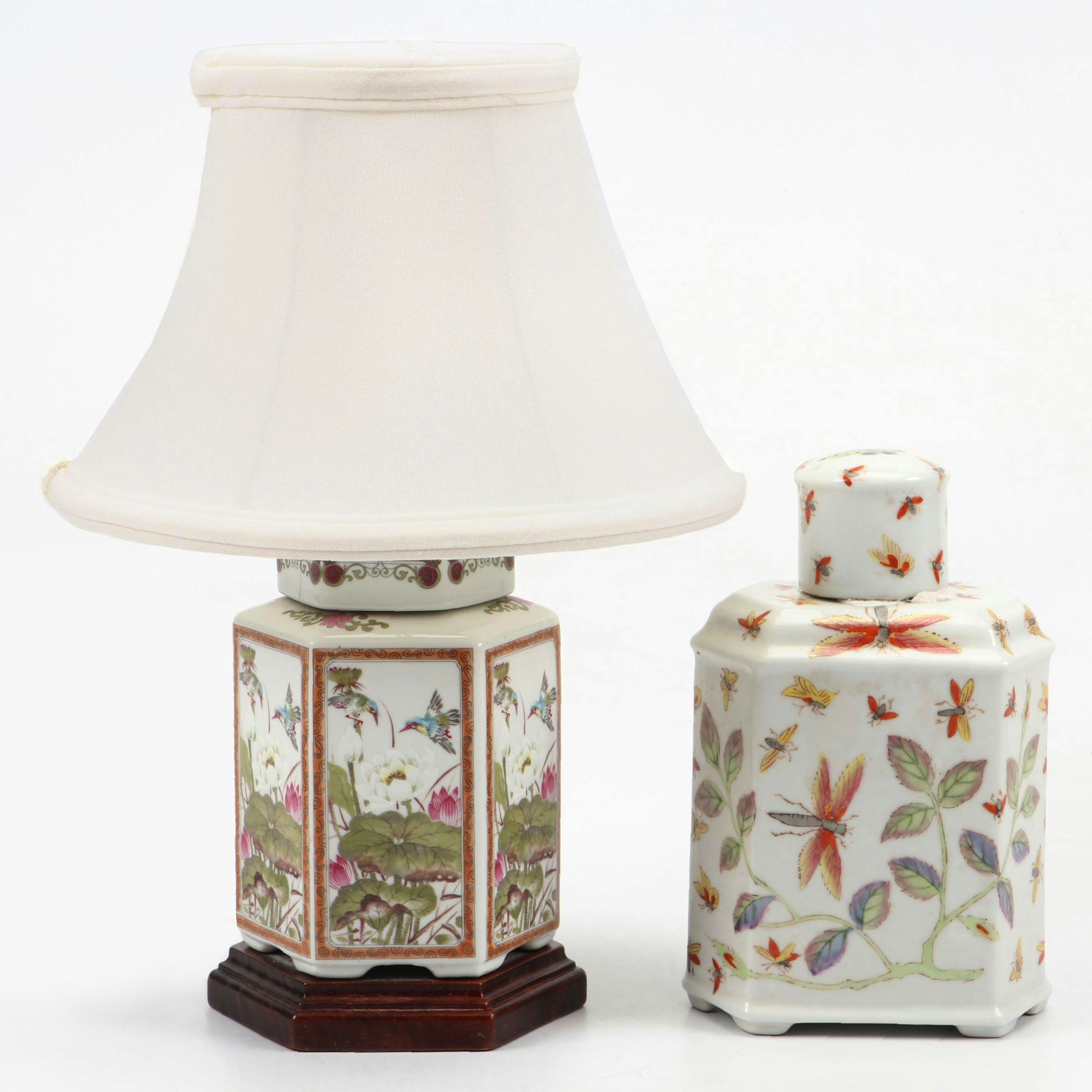 French Style Porcelain Tea Caddy and Chinese Famille Rose Style Porcelain Lamp