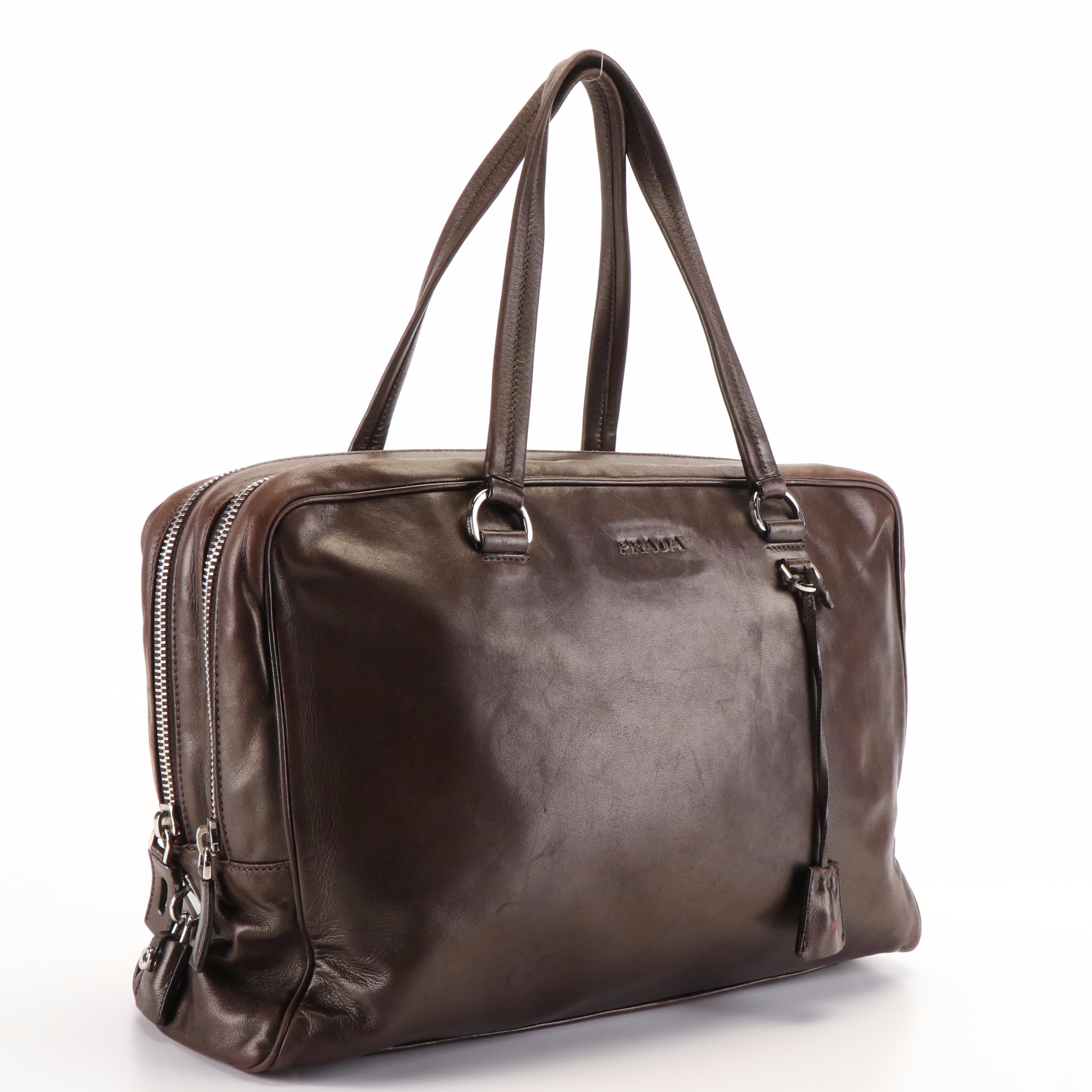 Prada Double Zip Deep Brown Leather Business Bag