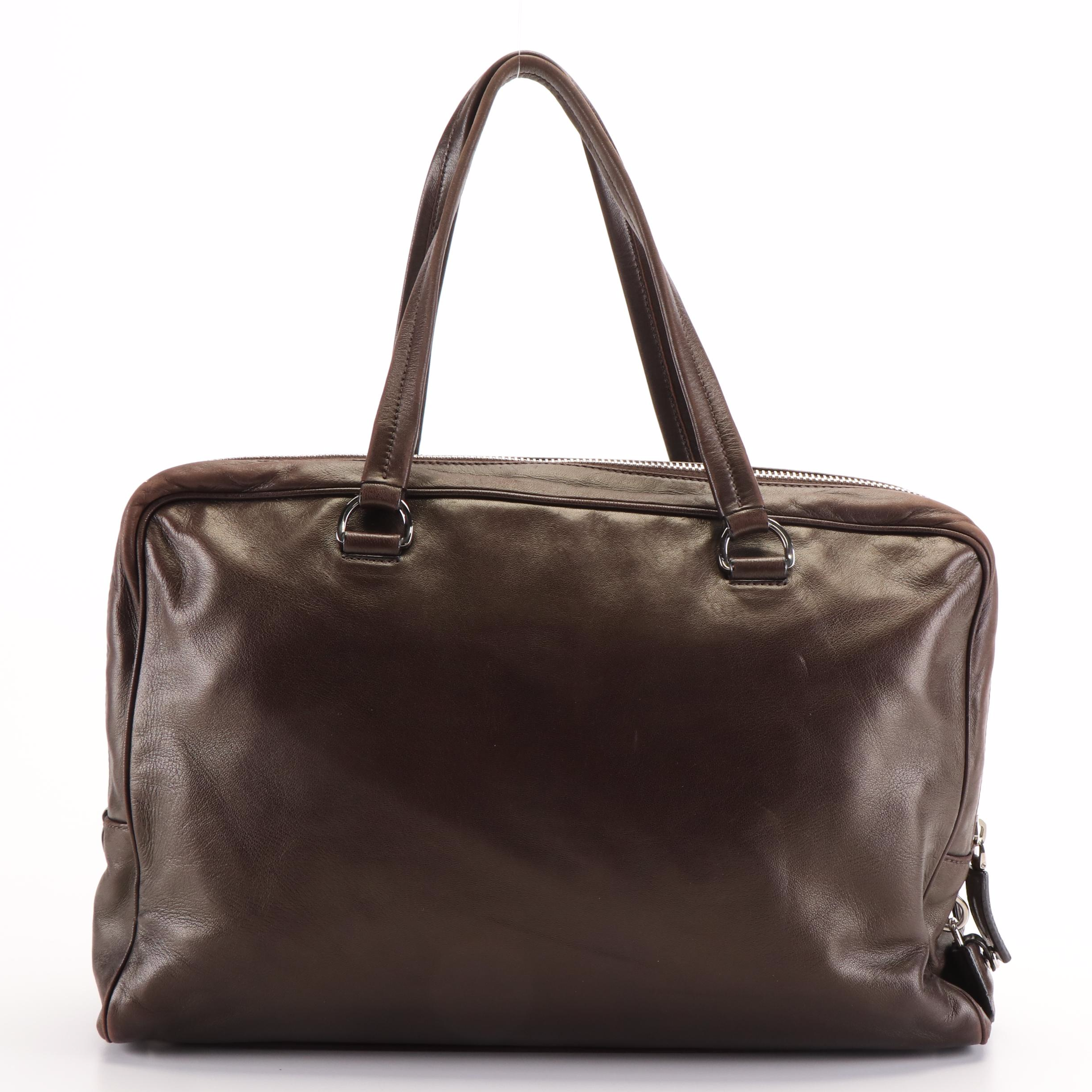 Prada Double Zip Deep Brown Leather Business Bag