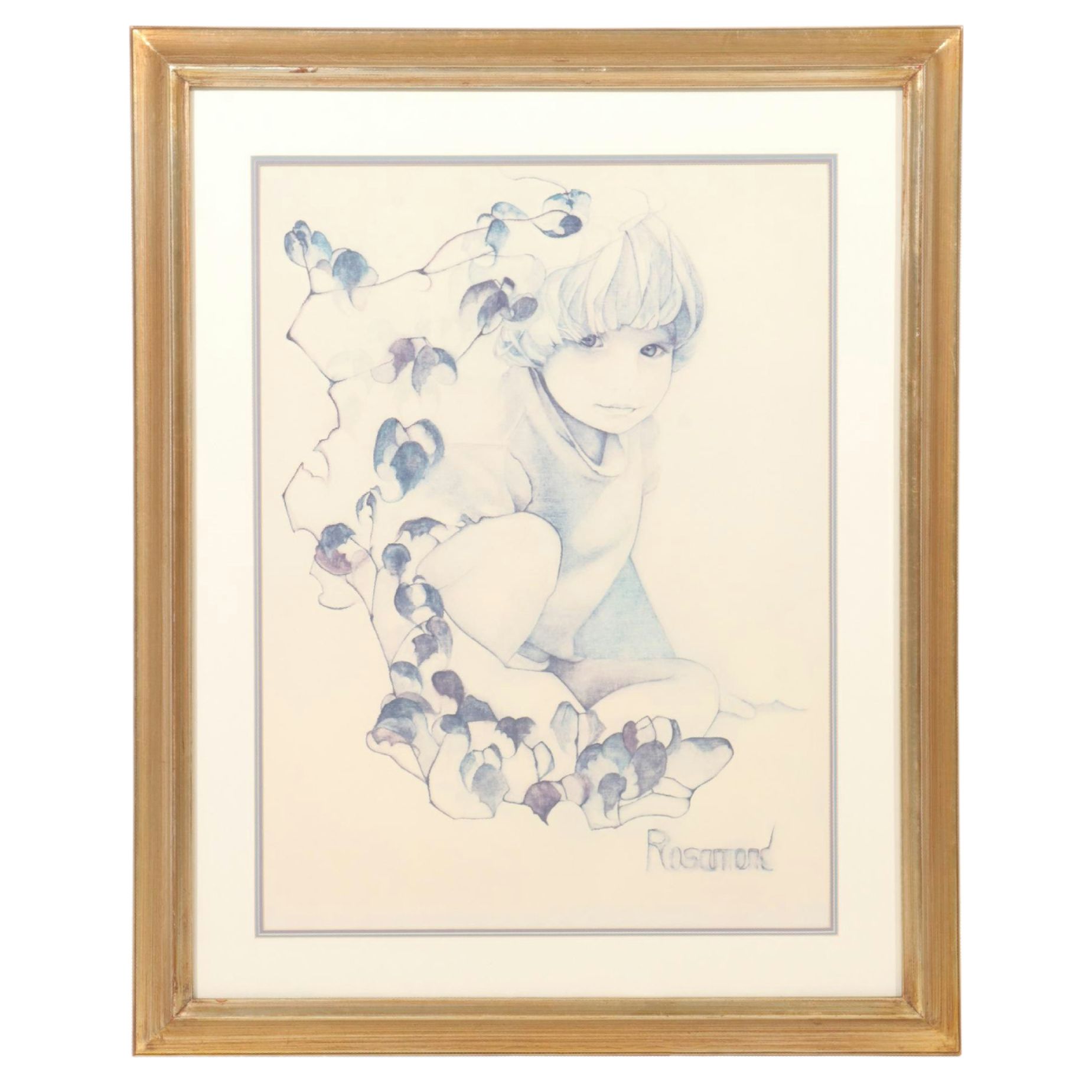 Vintage 1970’s Christine Rosamond Lithograph Print ‘Stacy Child Flowers’ fashion Framed