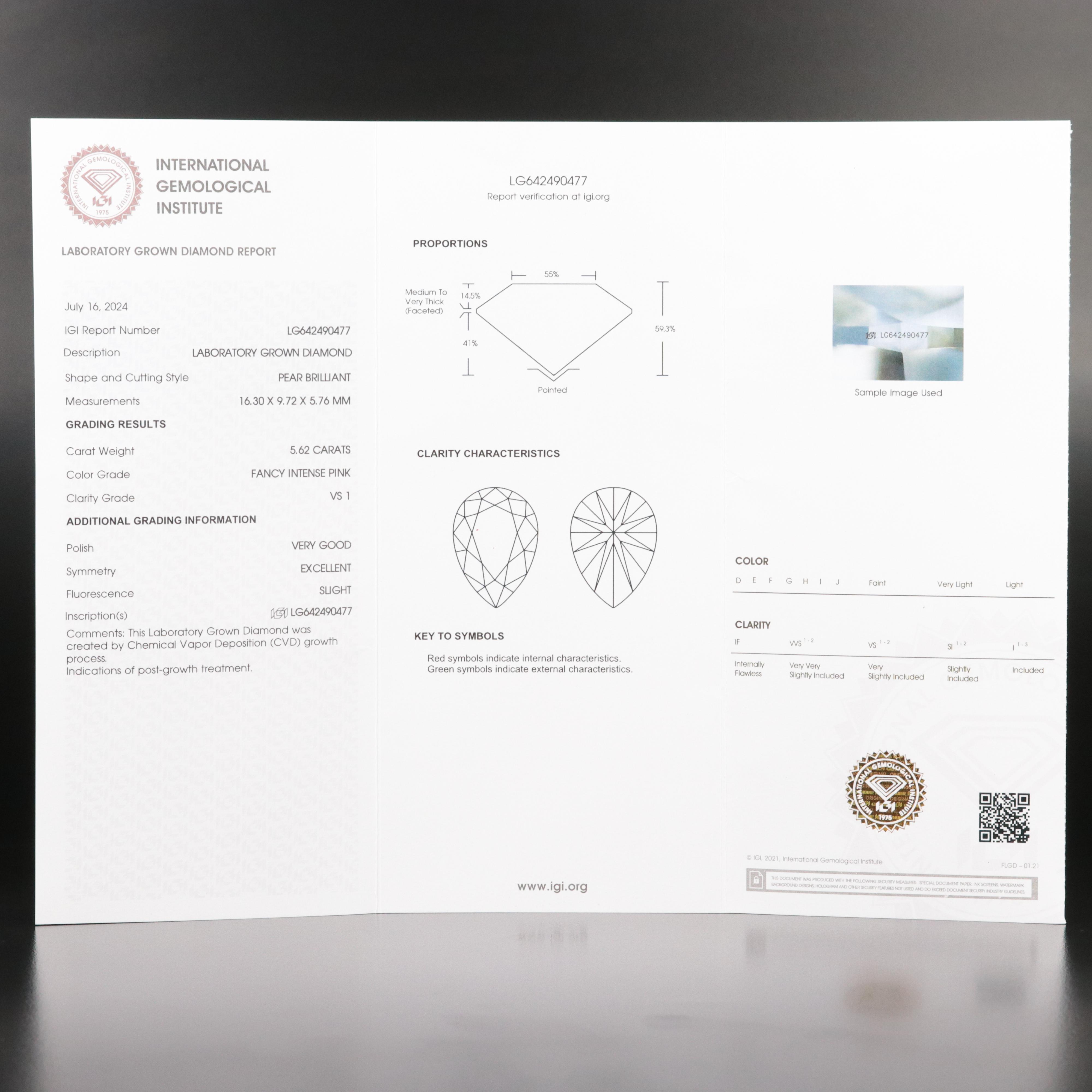 Loose 5.62 CT Lab Grown Fancy Pink Diamond with IGI Report