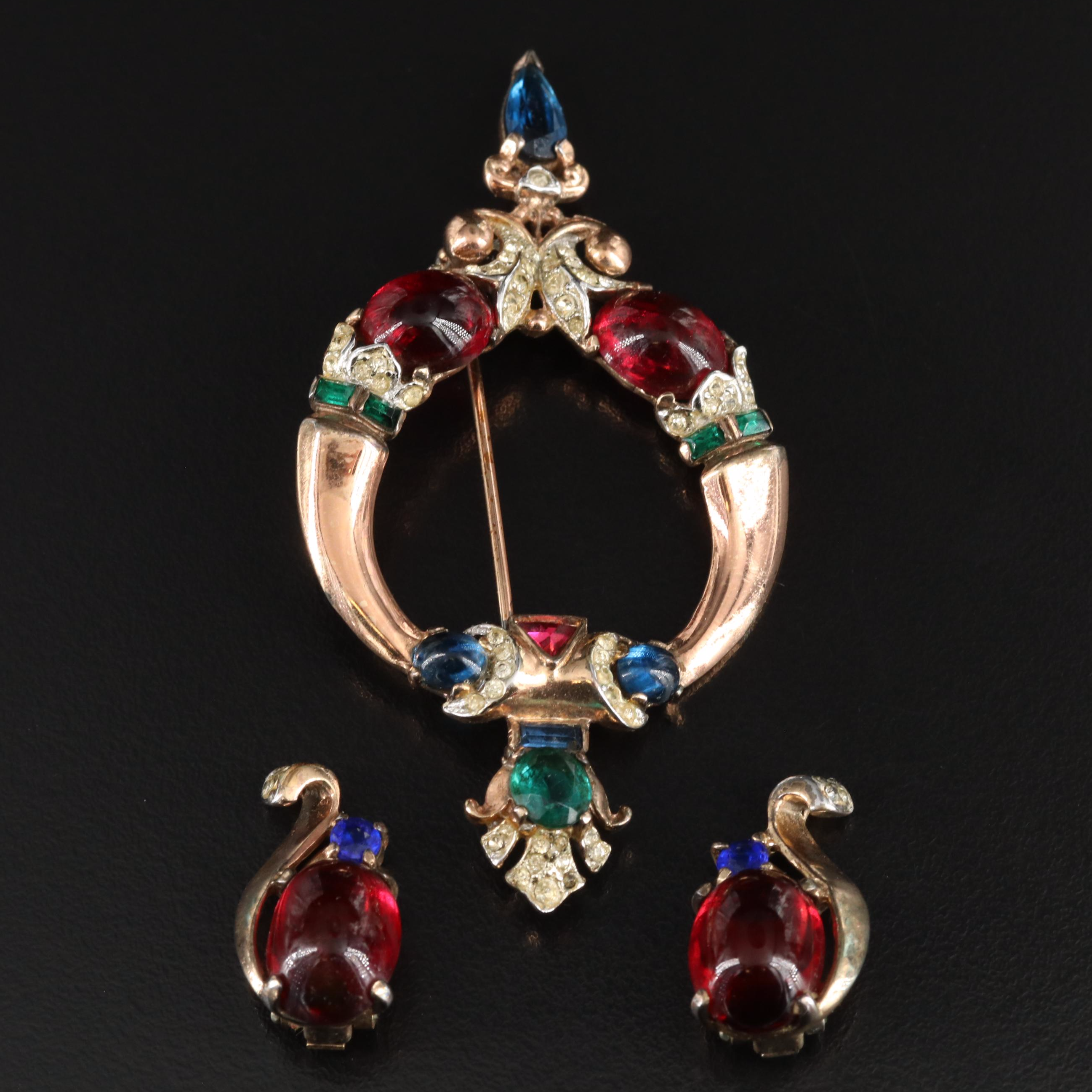1940s Trifari "Jewels of Tanjure" Brooch & "Crown Set" Earrings, Alfred