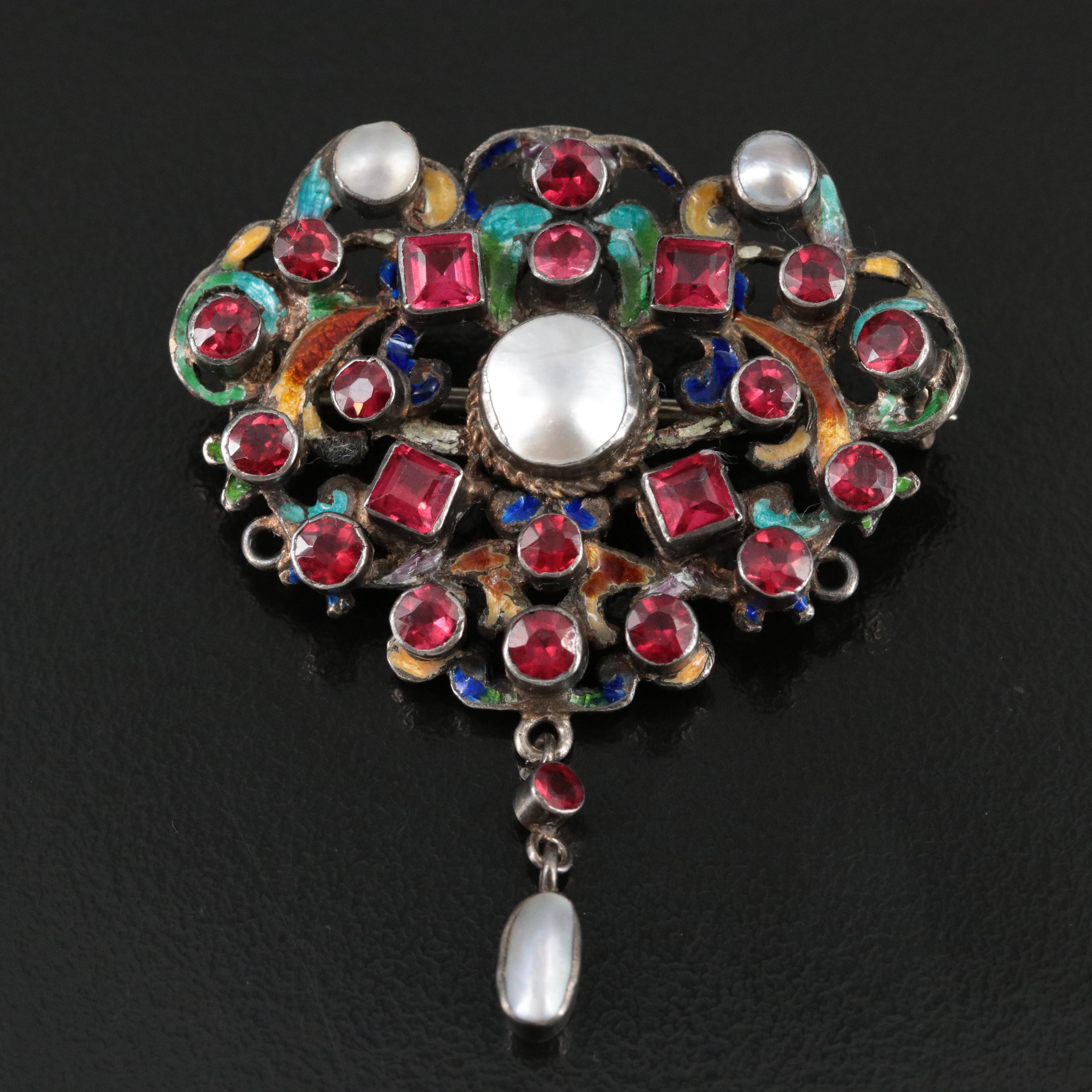 Austro-Hungarian Renaissance Hermann Böhm 800 Silver Garnet and Enamel Brooch
