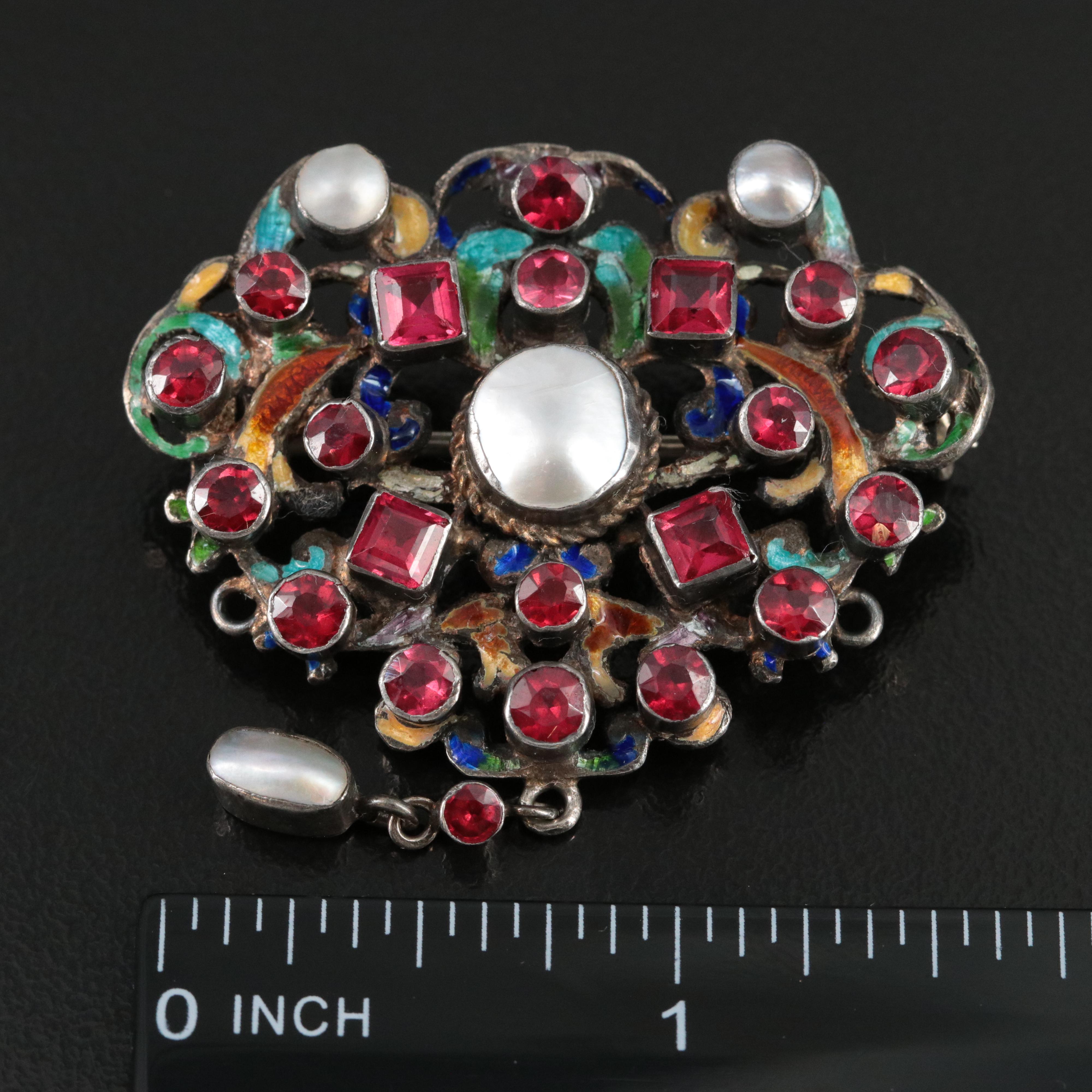Austro-Hungarian Renaissance Hermann Böhm 800 Silver Garnet and Enamel Brooch