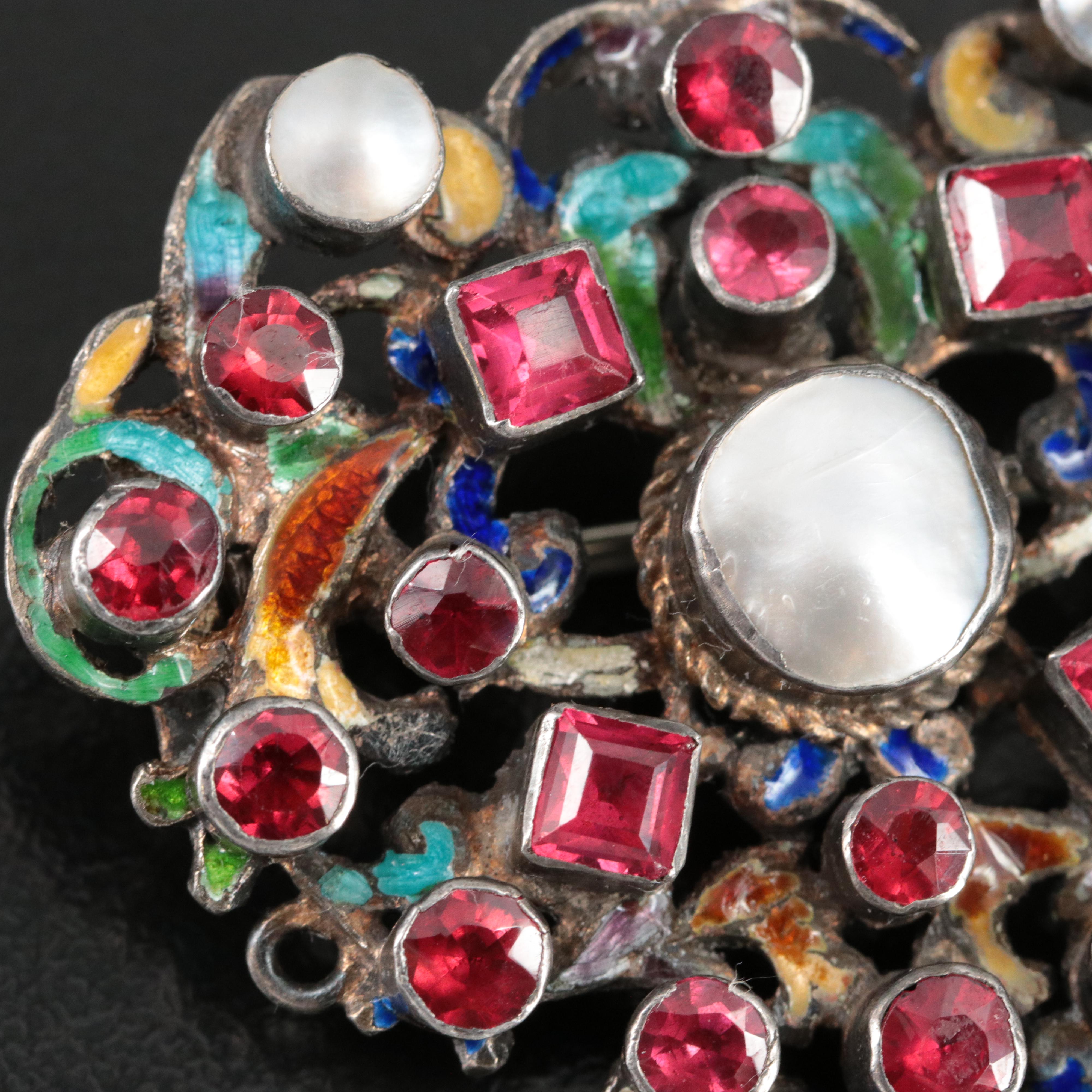 Austro-Hungarian Renaissance Hermann Böhm 800 Silver Garnet and Enamel Brooch