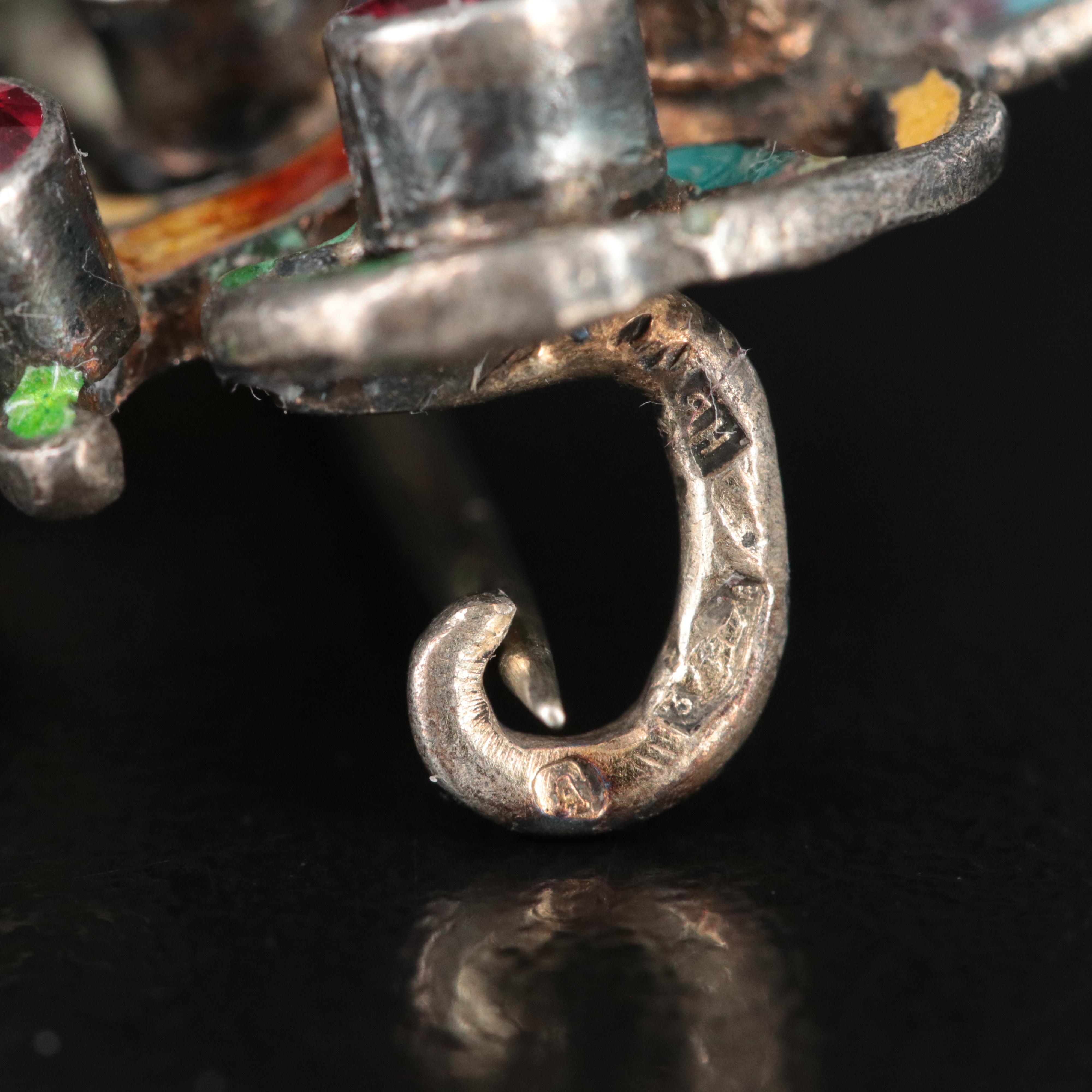 Austro-Hungarian Renaissance Hermann Böhm 800 Silver Garnet and Enamel Brooch