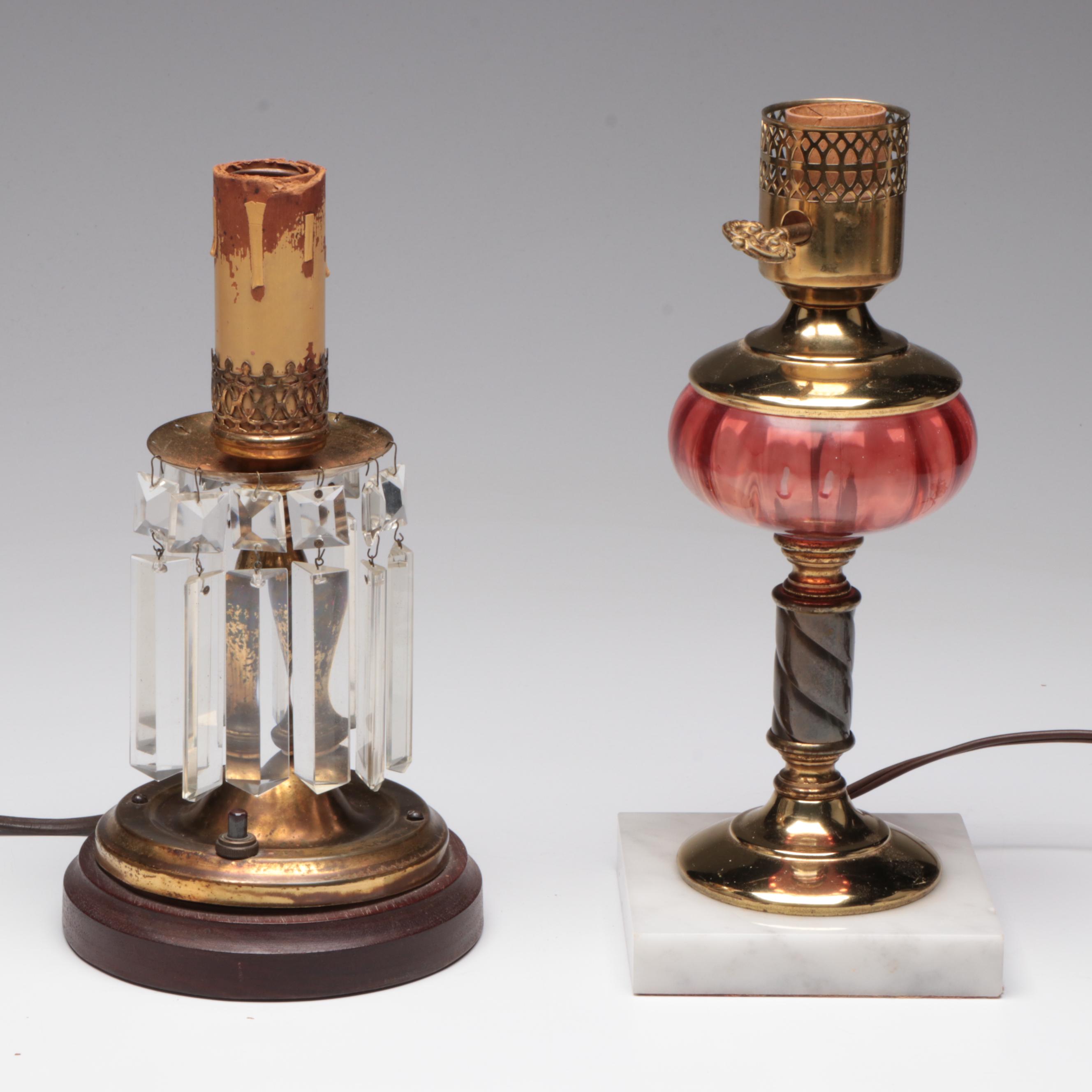 Glass and Marble Parlor Lamp with Table Lamp with Crystal Prism Pendants