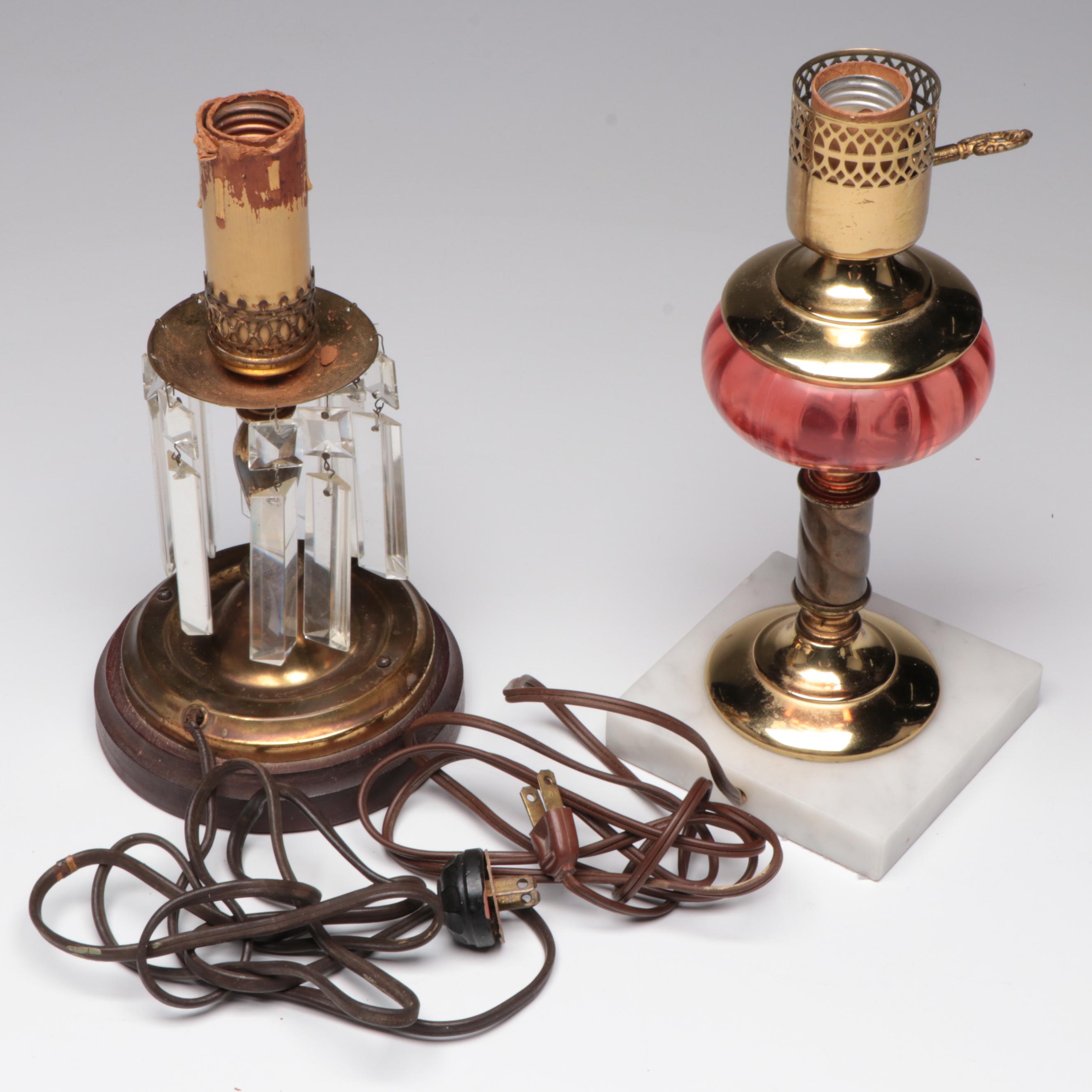 Glass and Marble Parlor Lamp with Table Lamp with Crystal Prism Pendants