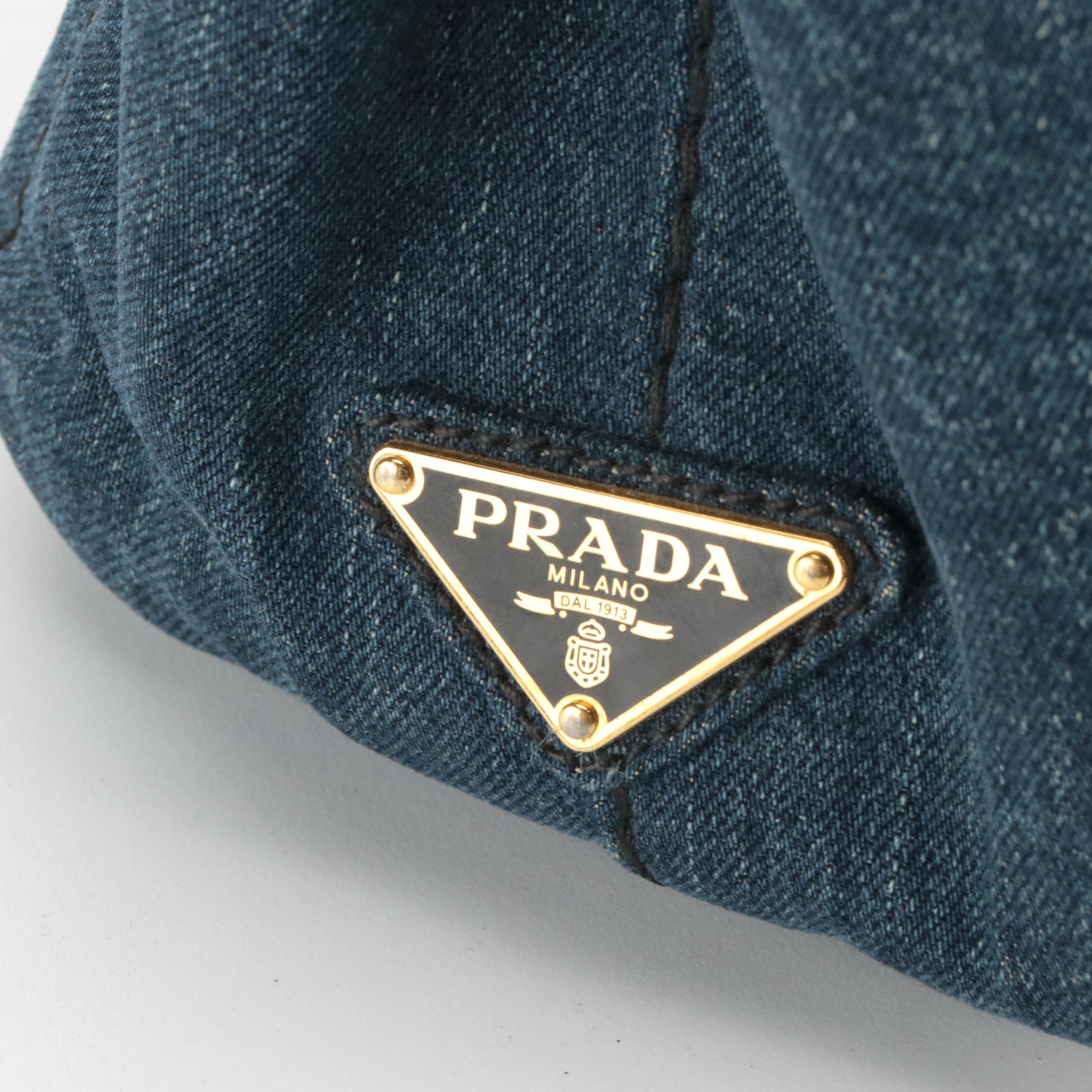 Prada Canapa Logo Denim Two-Way Tote with Floral Appliqué