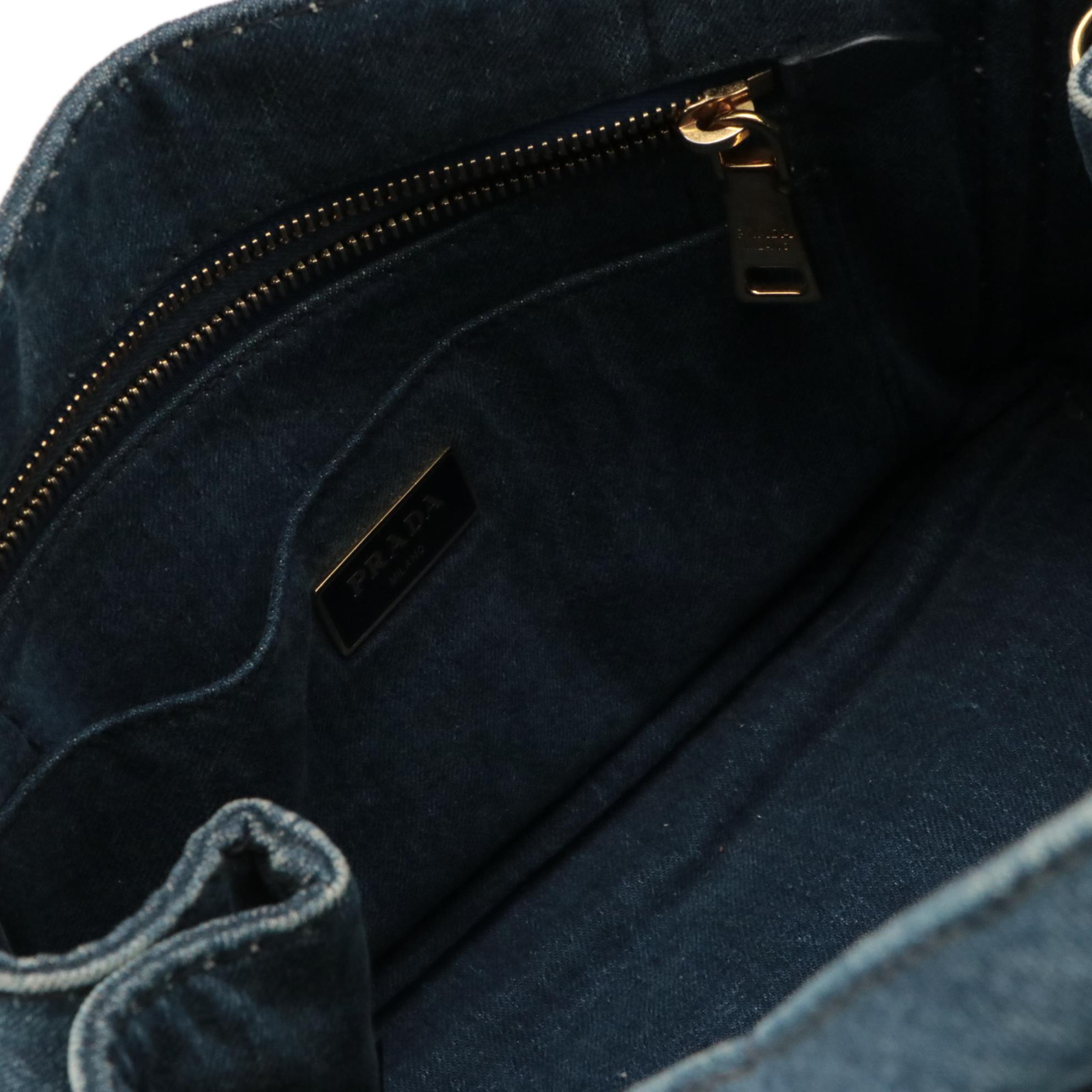 Prada Canapa Logo Denim Two-Way Tote with Floral Appliqué