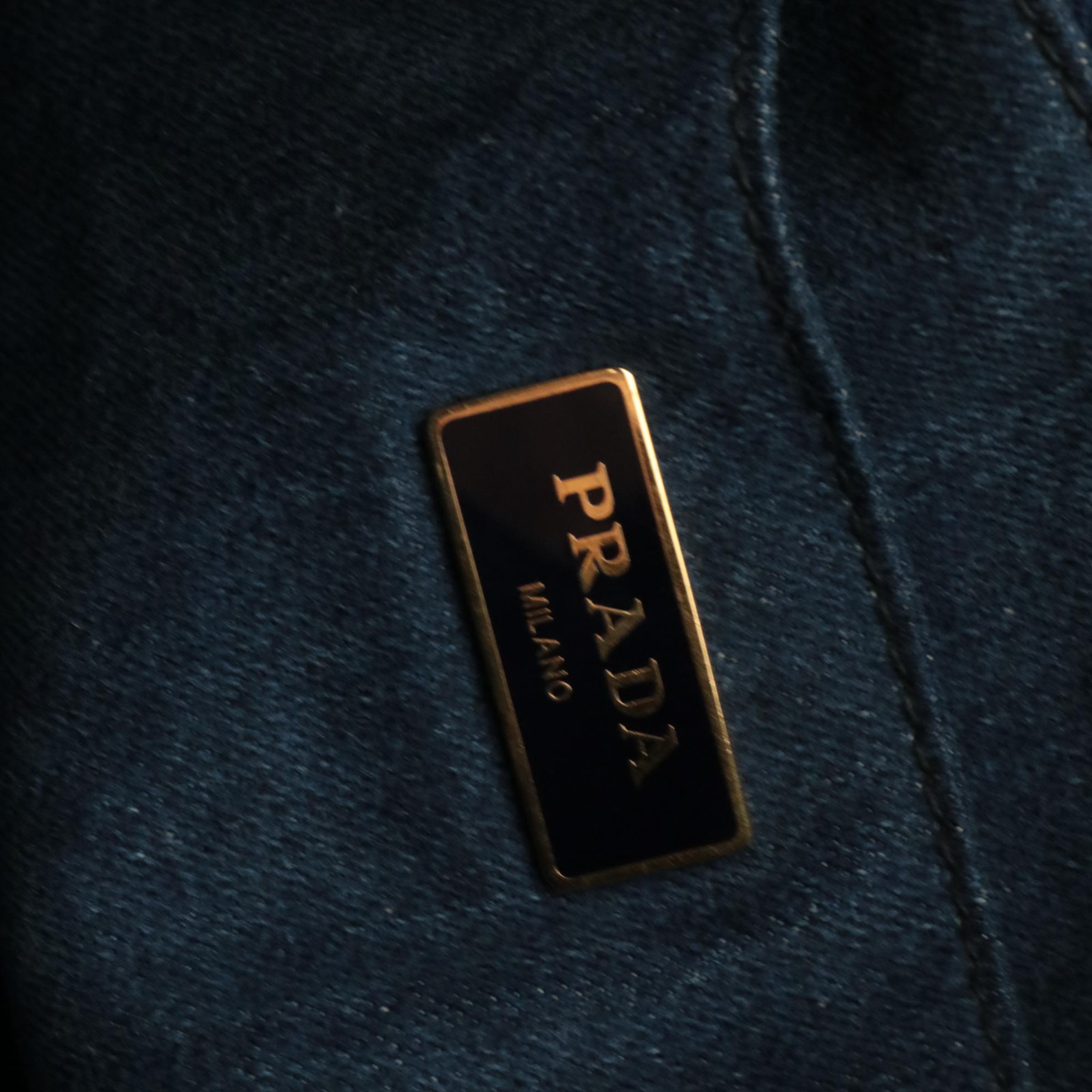 Prada Canapa Logo Denim Two-Way Tote with Floral Appliqué