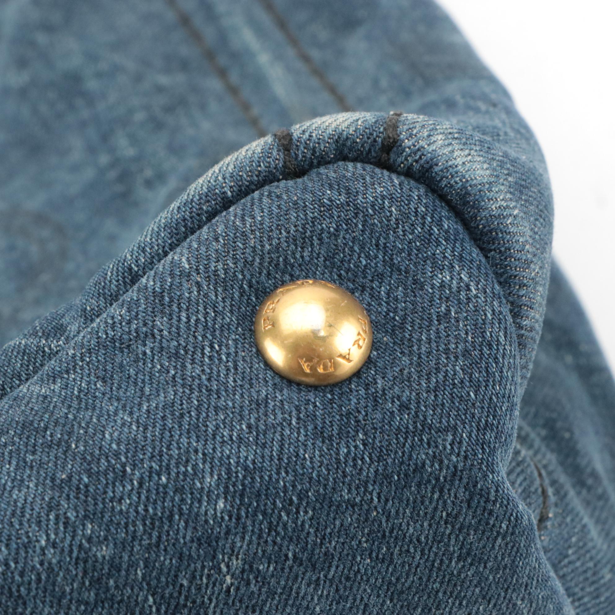 Prada Canapa Logo Denim Two-Way Tote with Floral Appliqué