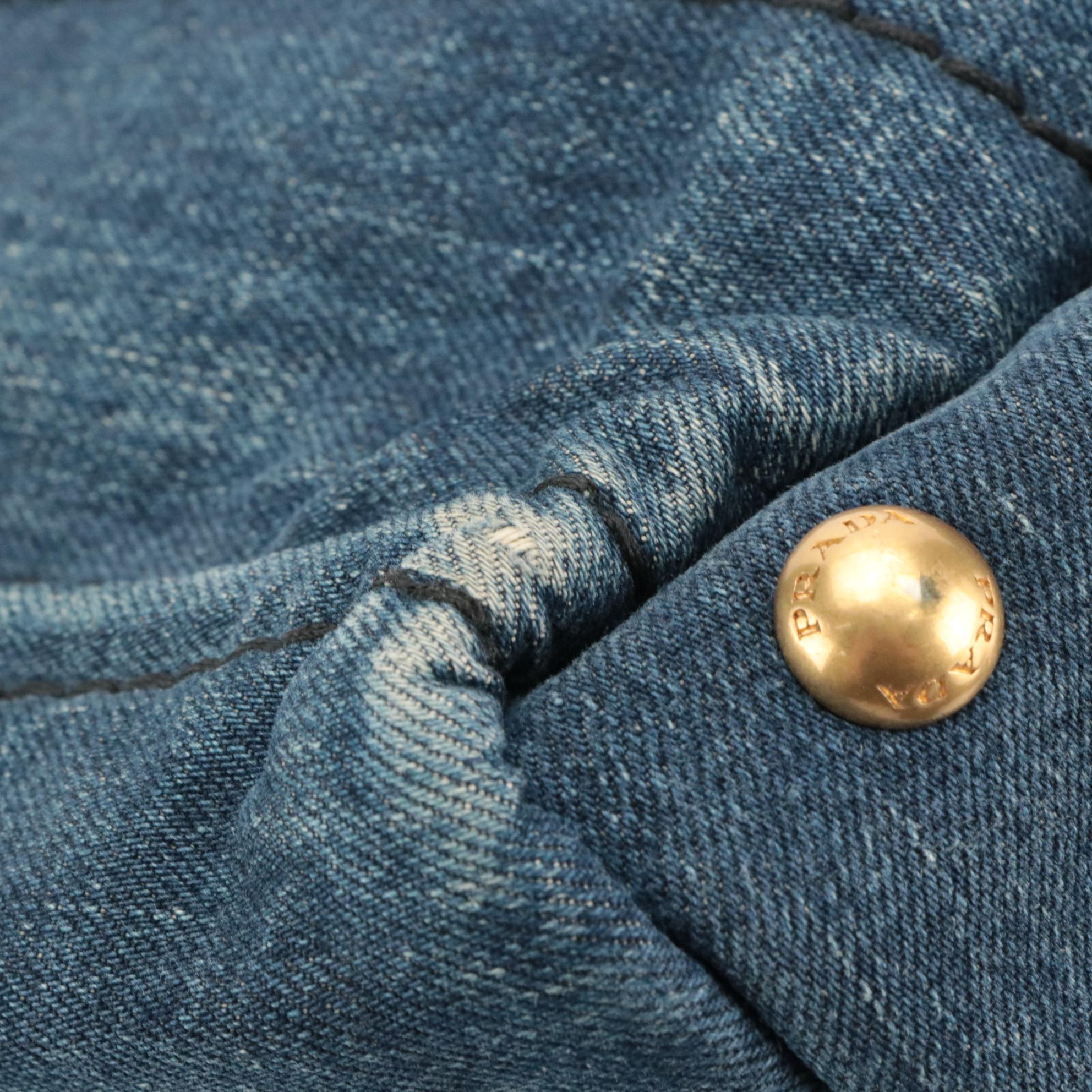 Prada Canapa Logo Denim Two-Way Tote with Floral Appliqué