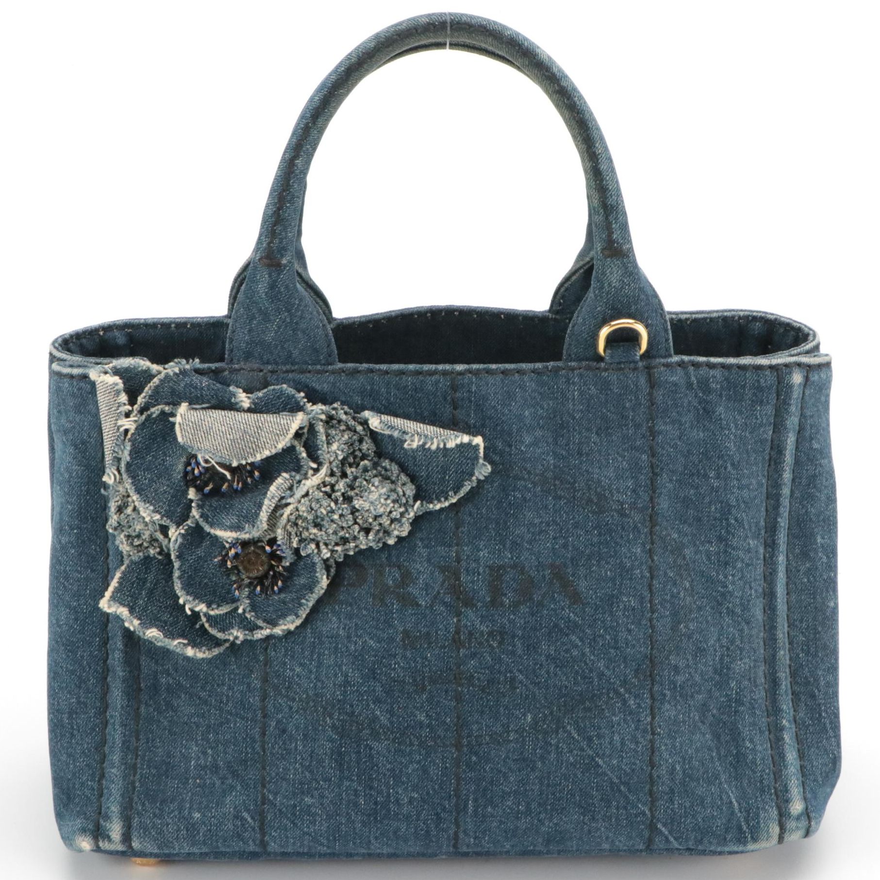 Prada Canapa Logo Denim Two-Way Tote with Floral Appliqué