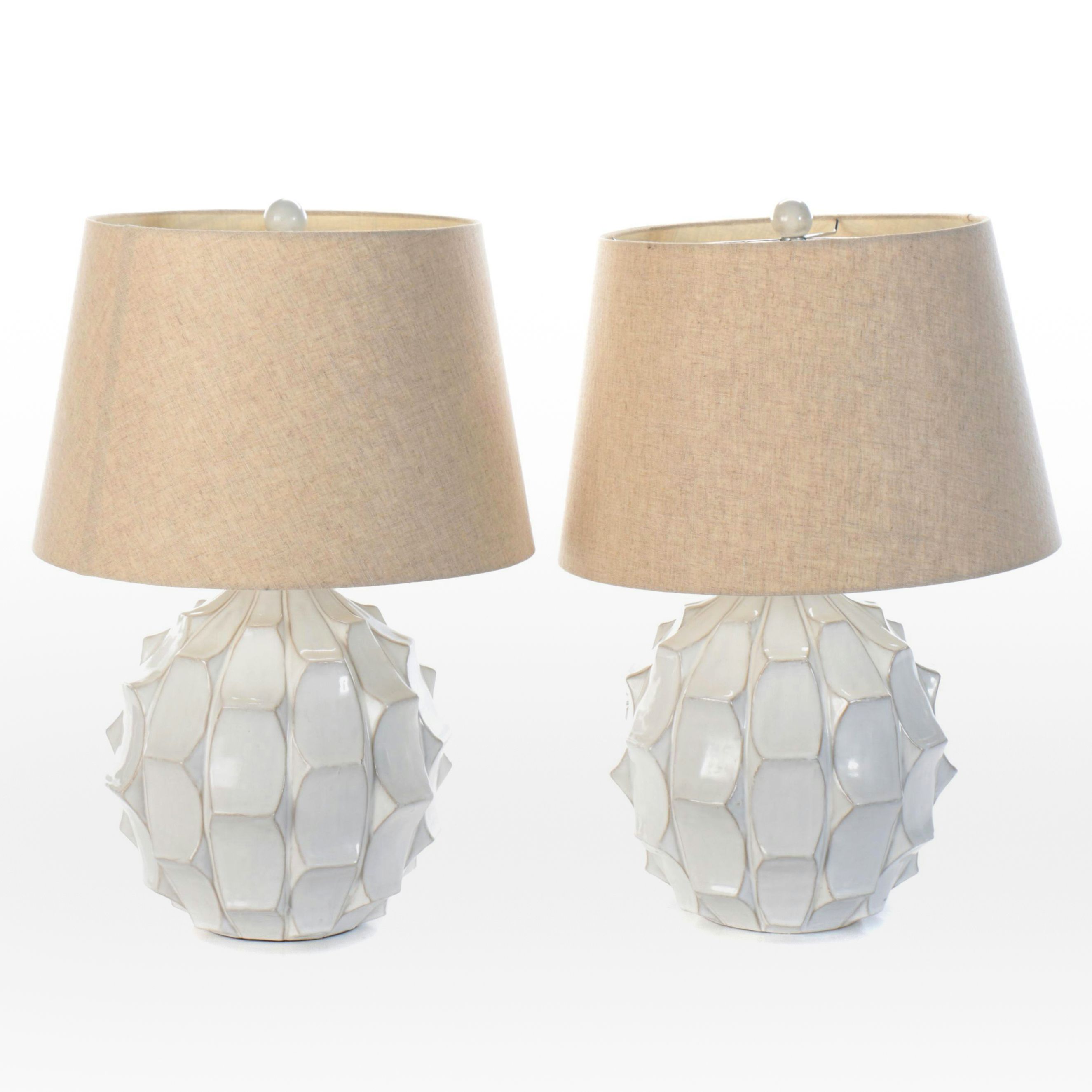 Possini Euro Design MCM Style Ceramic Table Lamps With Burlap Shades, 21st C