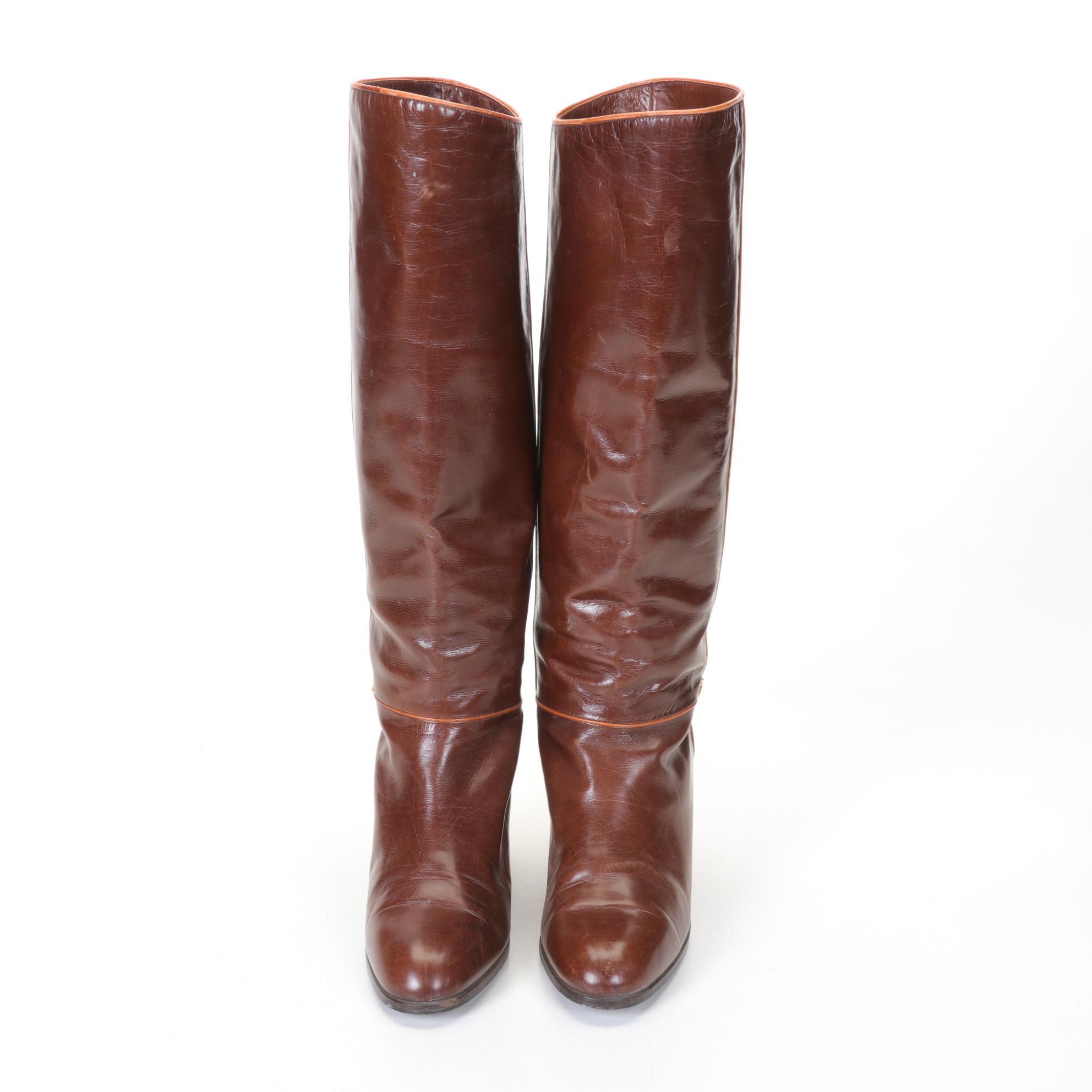 Gucci Brown Leather and Burnt Orange Trim Horsebit Stacked Heel Boots, 1970s