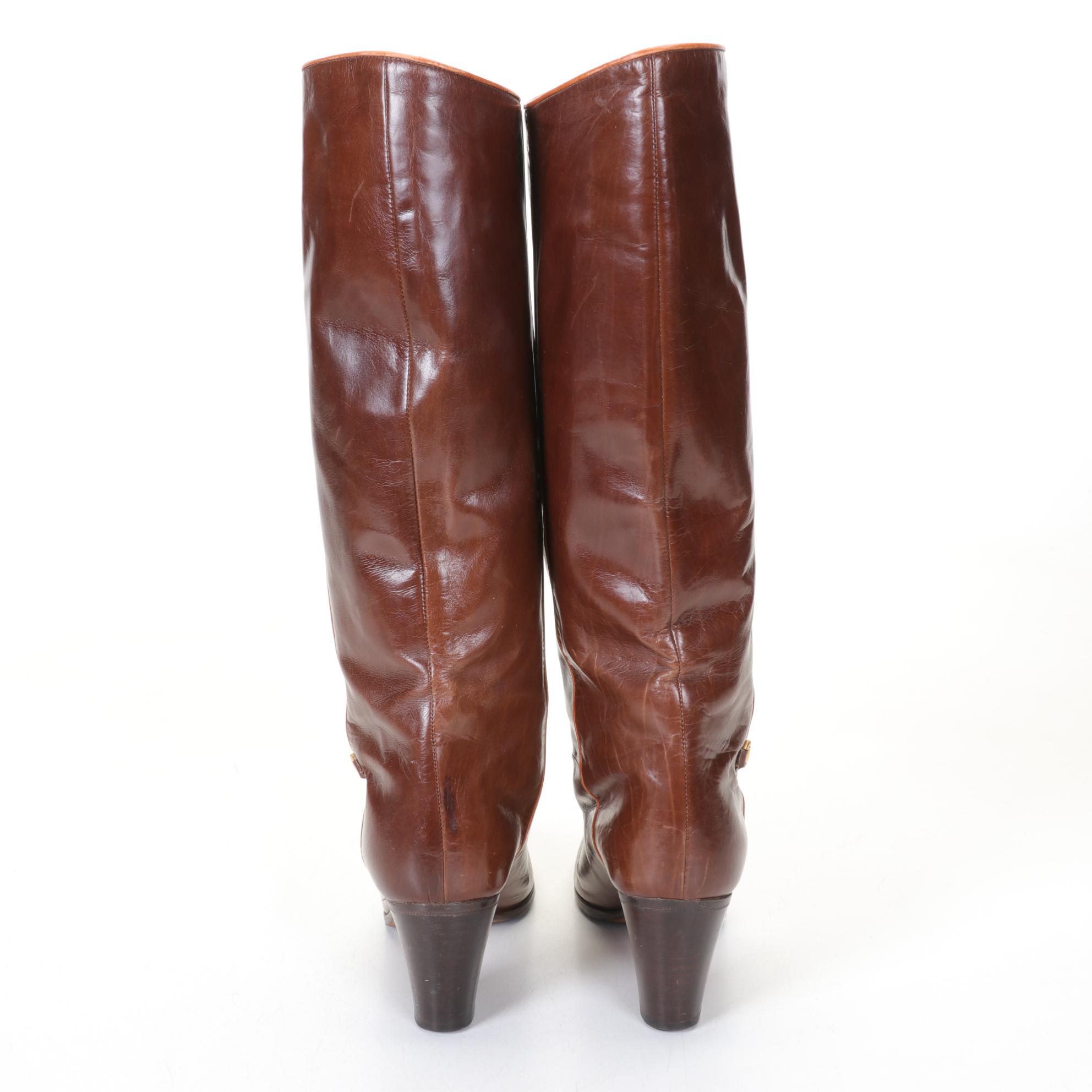 Gucci Brown Leather and Burnt Orange Trim Horsebit Stacked Heel Boots, 1970s