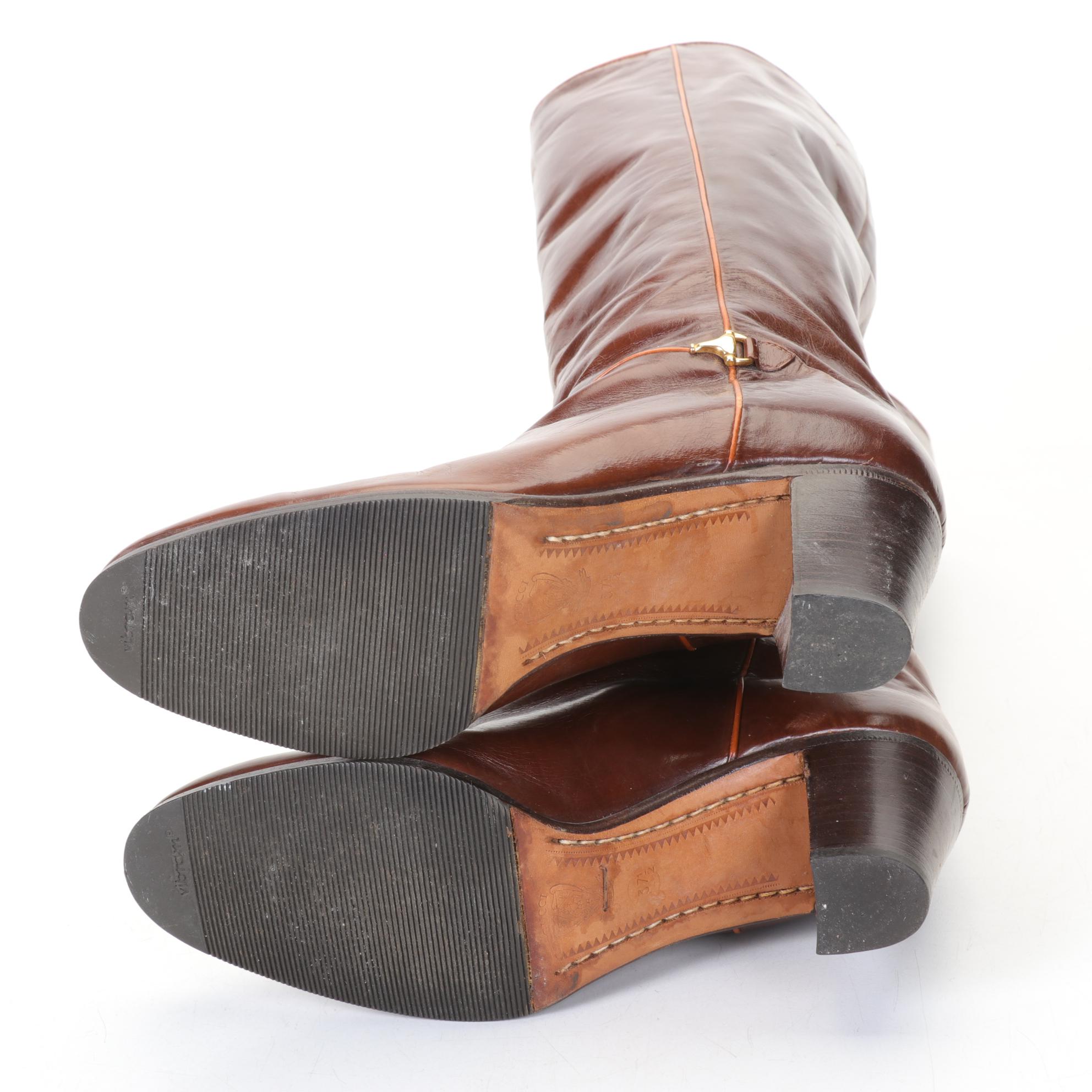 Gucci Brown Leather and Burnt Orange Trim Horsebit Stacked Heel Boots, 1970s