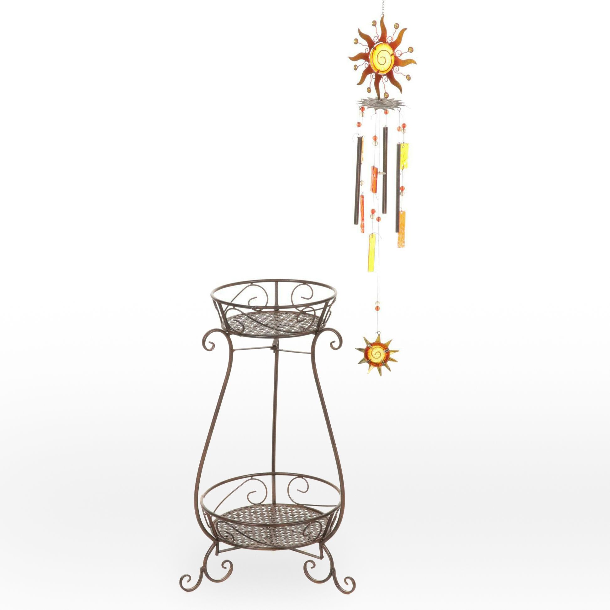 Two-Tiered Metal Plant Stand with Sun Motif Wind Chime