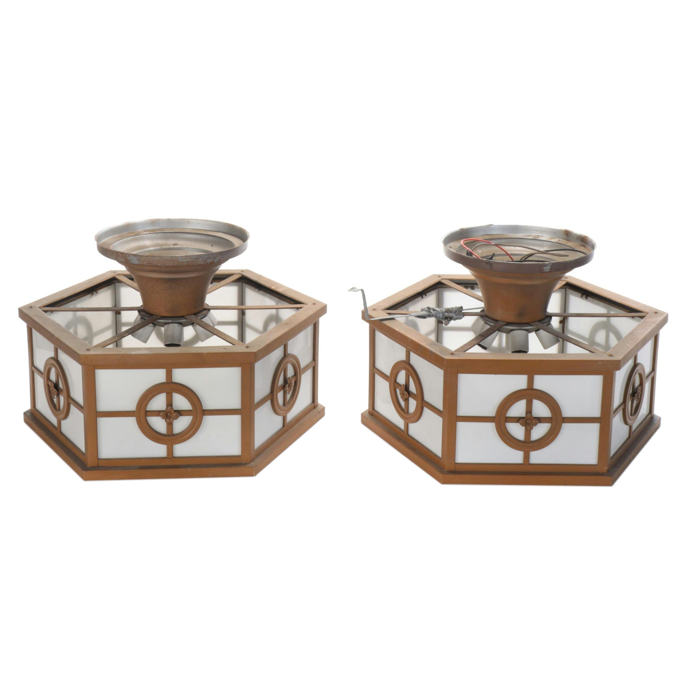 Metal and Frosted Glass Hexagonal Pendant Ceiling Light Pair