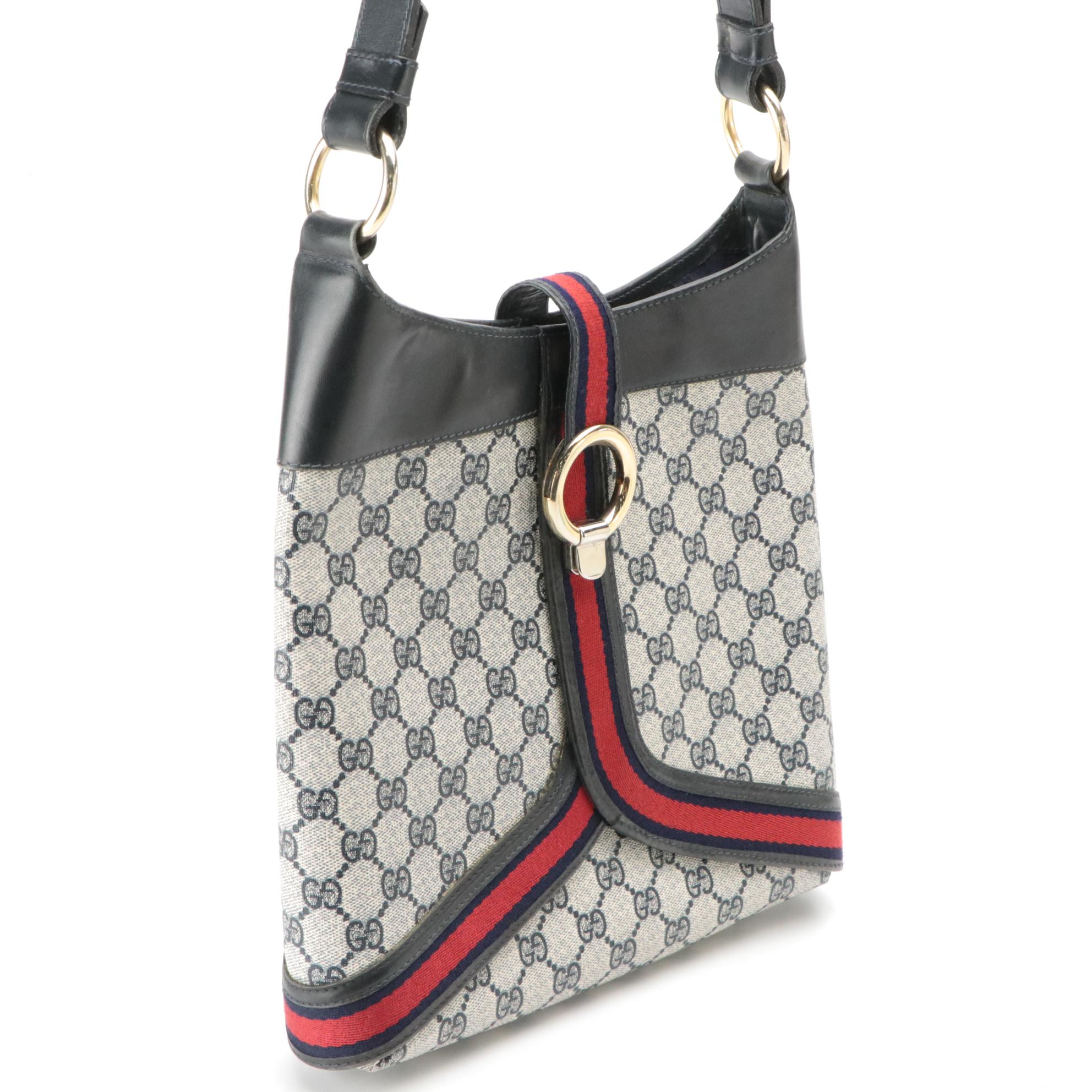 Gucci Shoulder Bag in Navy Blue Supreme GG Canvas, Web Stripe & Leather, Vintage