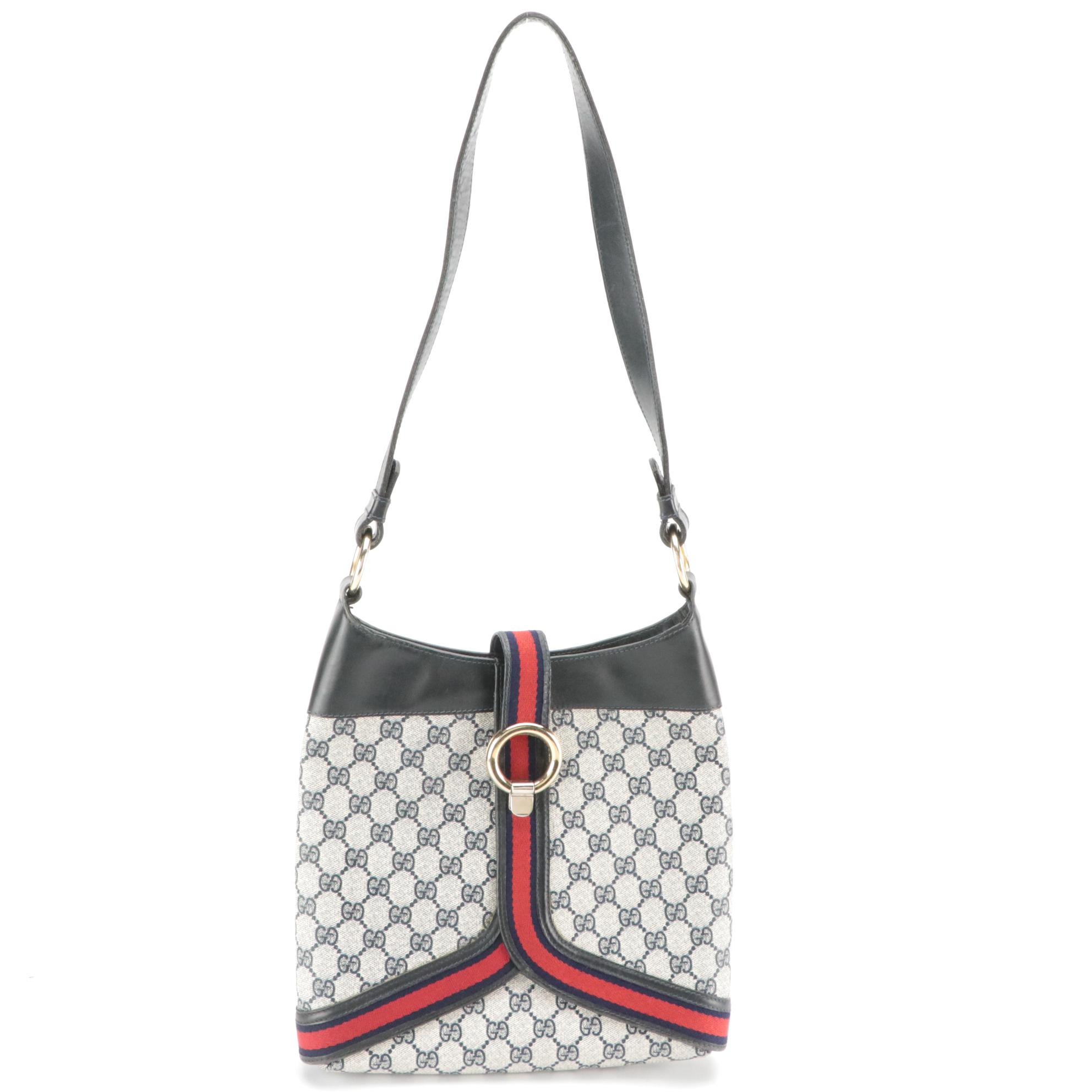 Gucci Shoulder Bag in Navy Blue Supreme GG Canvas, Web Stripe & Leather, Vintage