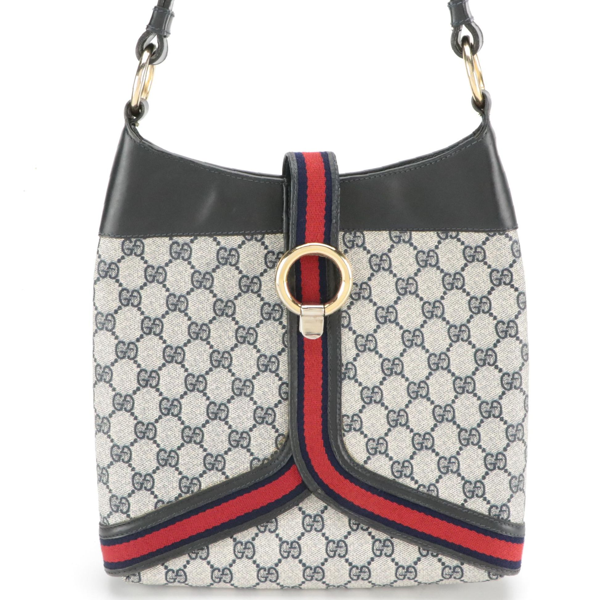 Gucci Shoulder Bag in Navy Blue Supreme GG Canvas, Web Stripe & Leather, Vintage
