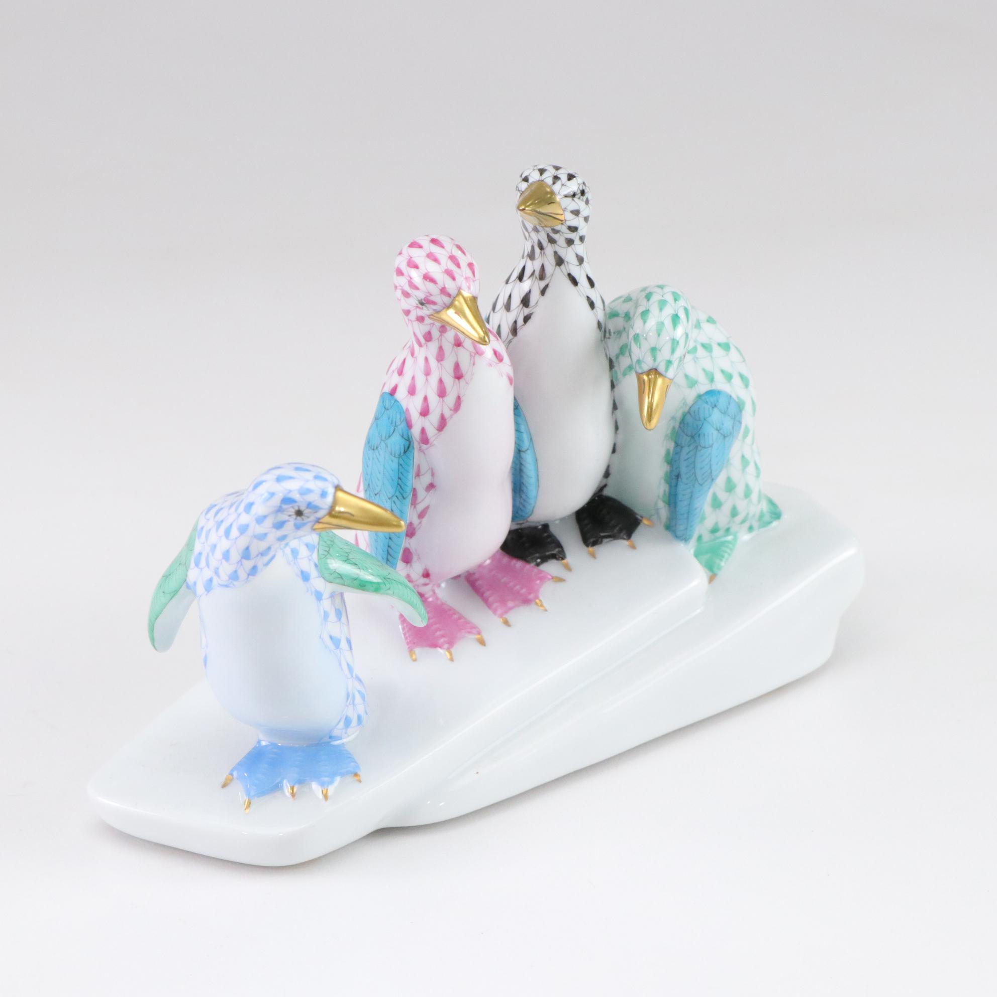 Herend Multicolor Fishnet with Gold "Penguins on Ice" Porcelain Figurine
